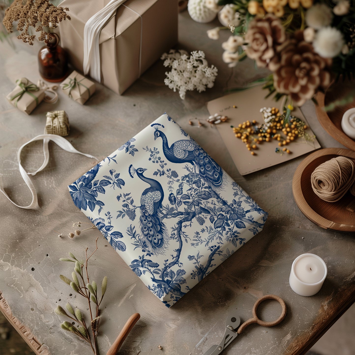 Toile De Jouy Blue Vintage Peacock Floral Gift Wrapping Paper