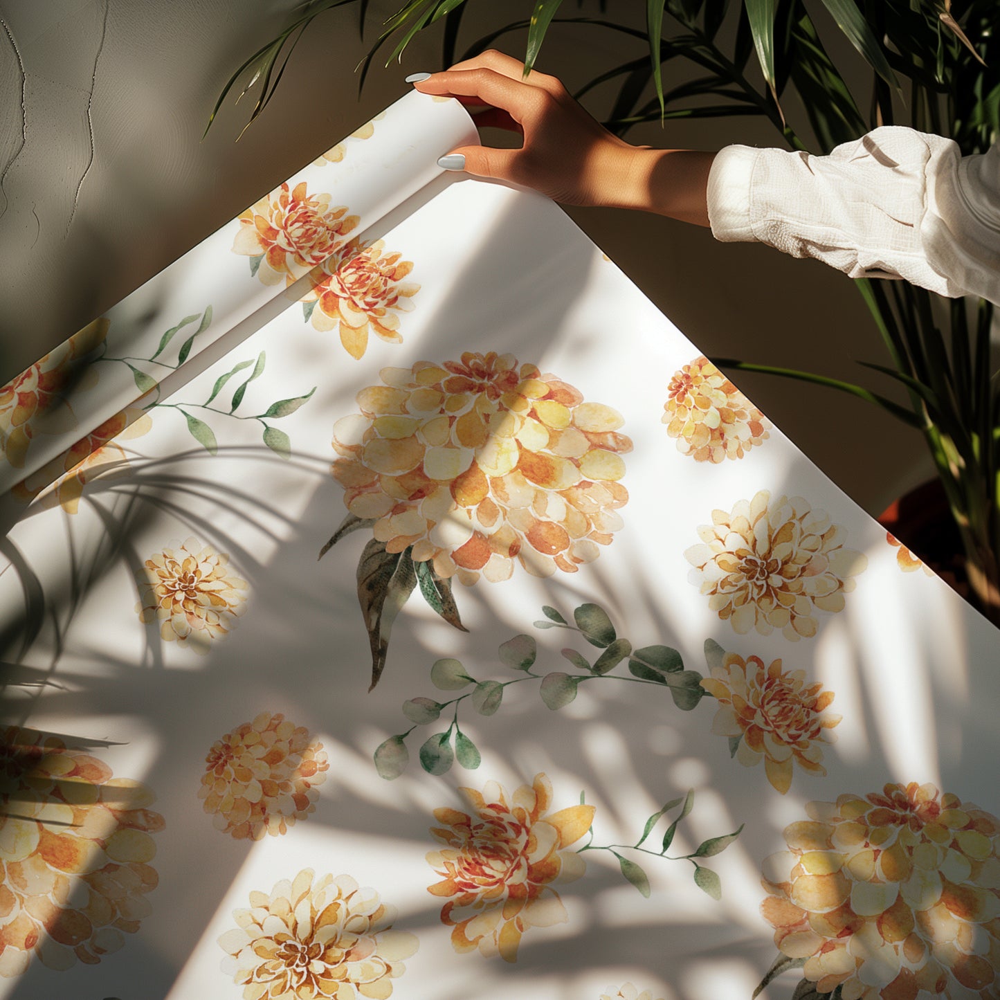 Orange Summer Zinnia Floral and Eucalyptus Greenery FGift Wrapping Paper