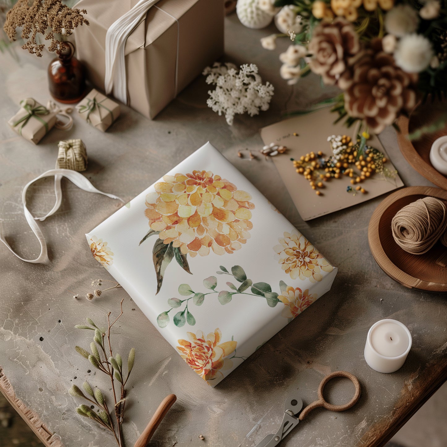 Orange Summer Zinnia Floral and Eucalyptus Greenery FGift Wrapping Paper