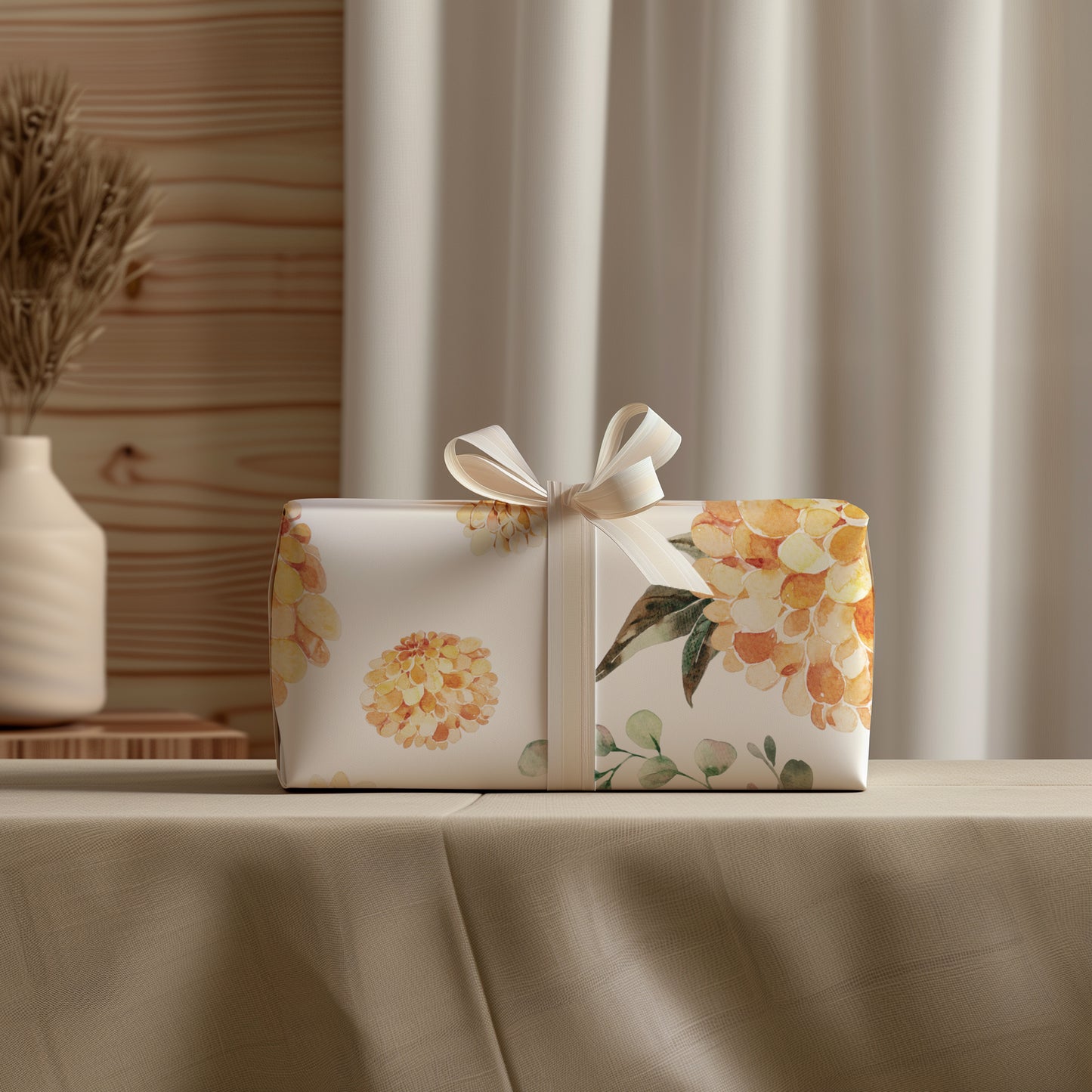 Orange Summer Zinnia Floral and Eucalyptus Greenery FGift Wrapping Paper