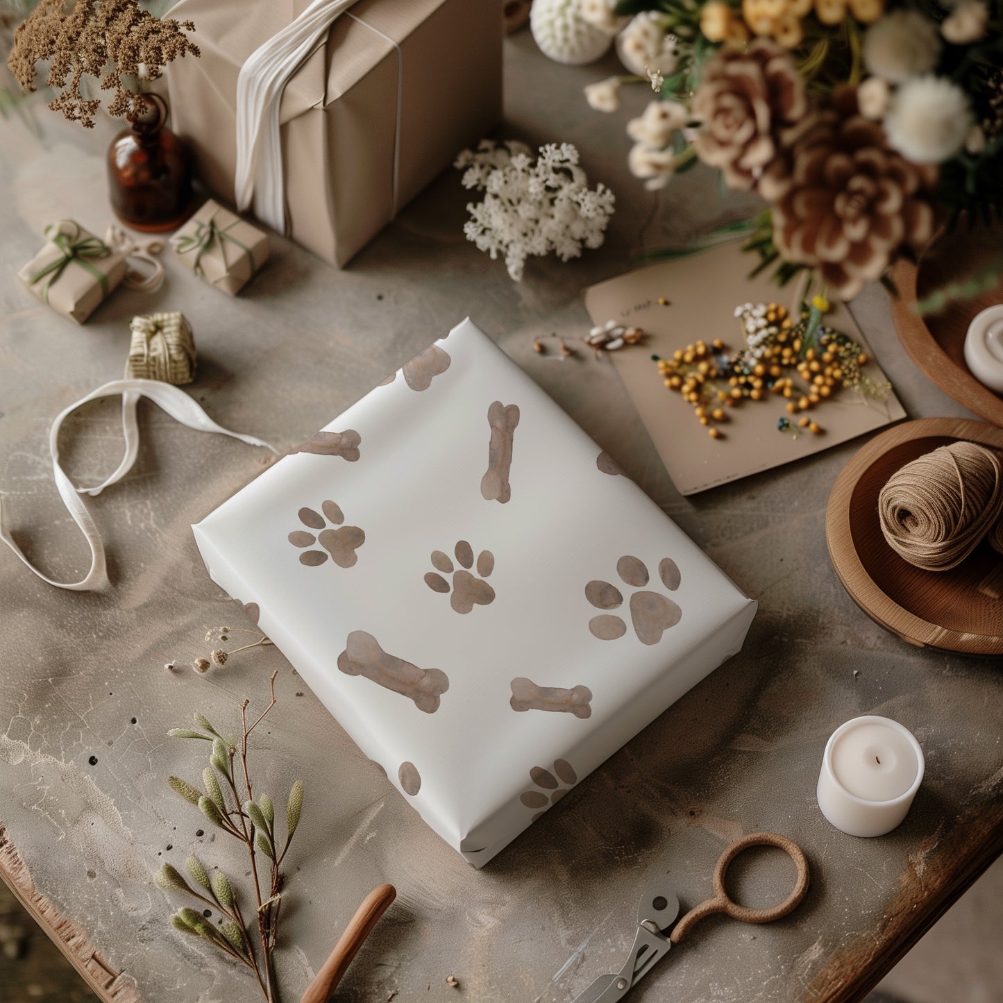 Dog Bone and Paw Print Minimalist Gift Wrapping Paper