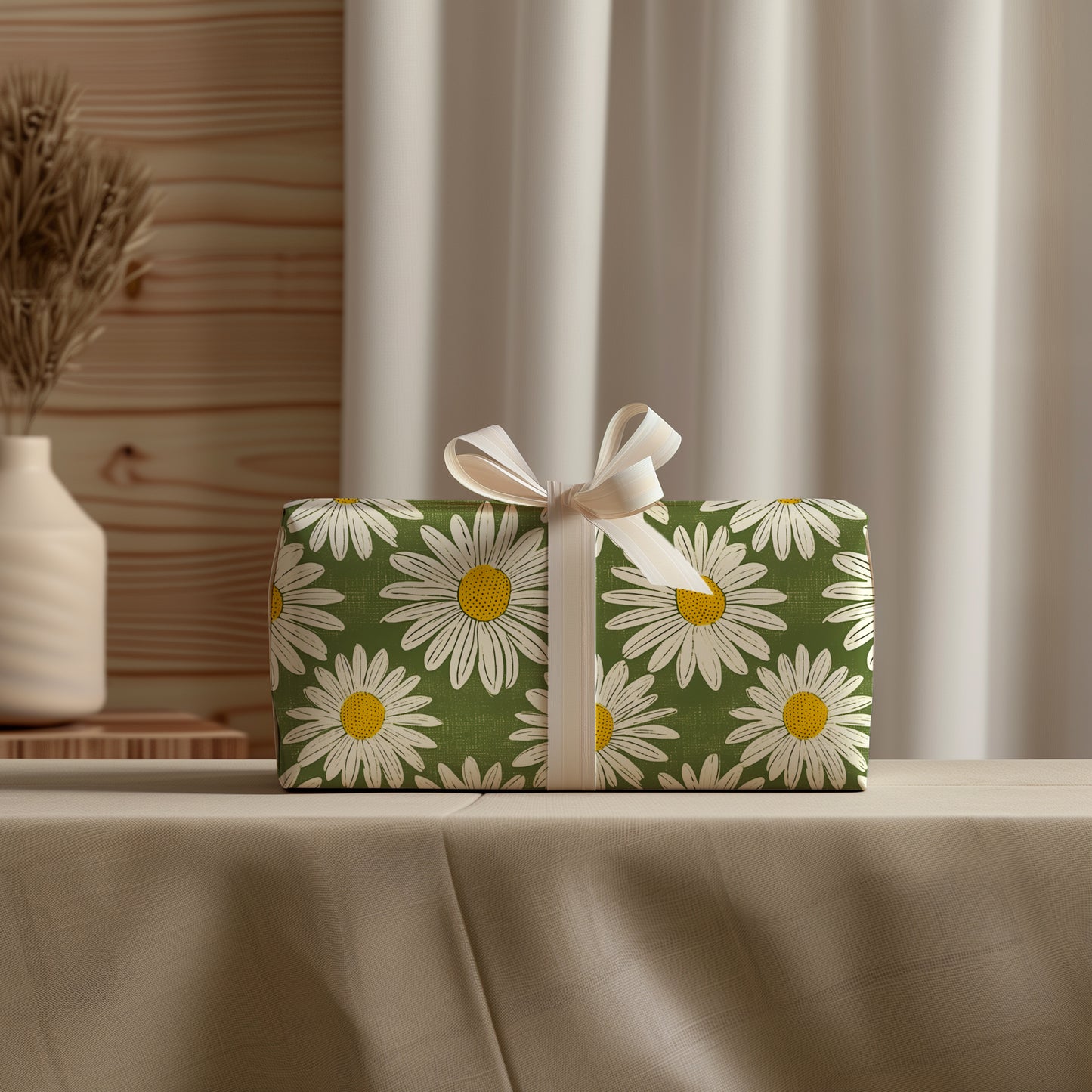 Daisy Retro Green Floral Gift Wrapping Paper