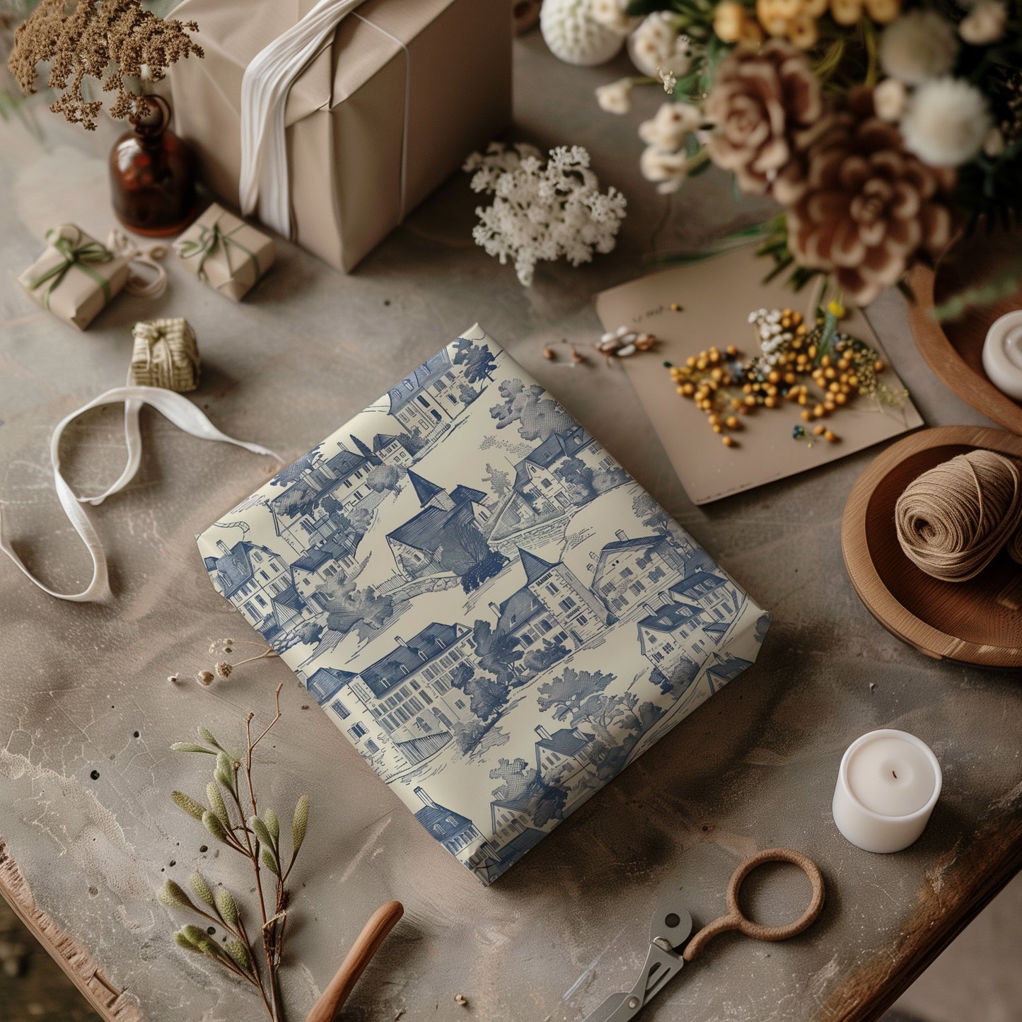 Toile De Jouy Blue Vintage Town Charming Gift Wrapping Paper