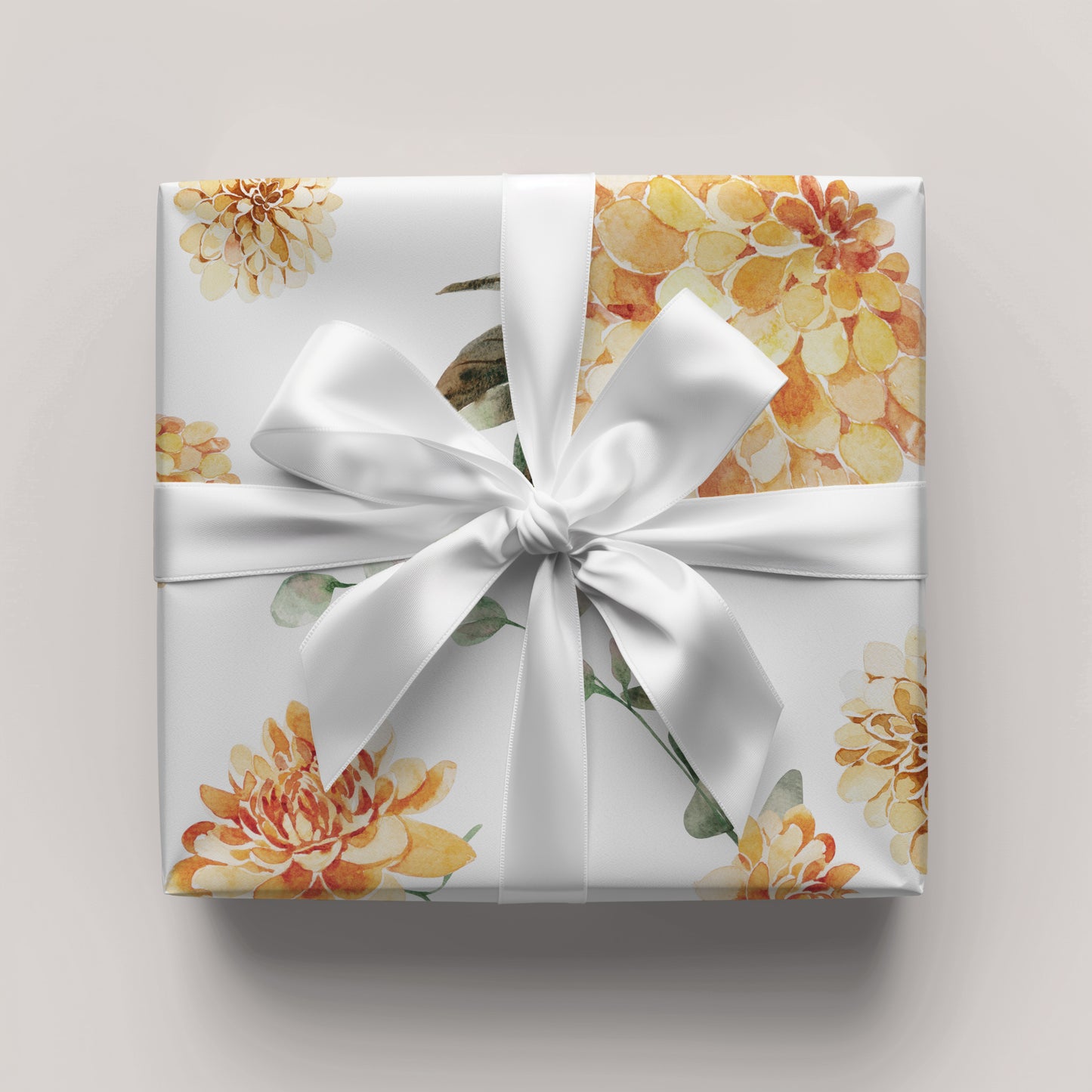 Orange Summer Zinnia Floral and Eucalyptus Greenery FGift Wrapping Paper
