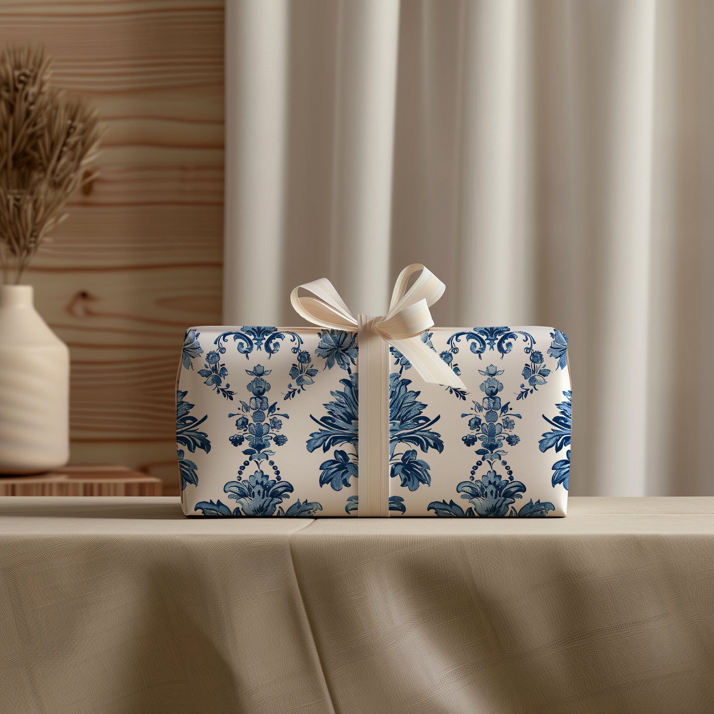 Toile De Jouy Blue Vintage Arabesk and Floral Gift Wrapping Paper