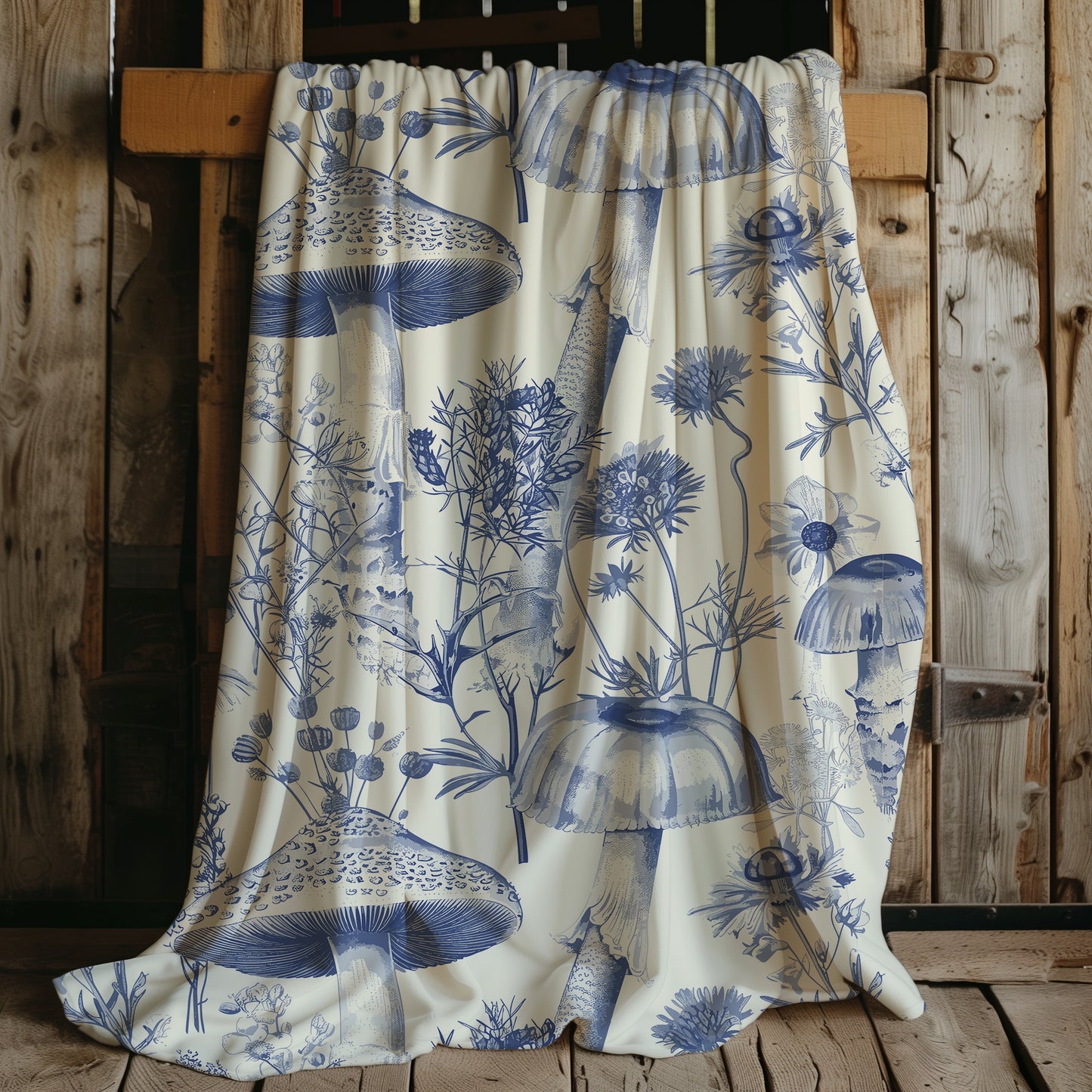 Toile De Jouy Blue Mushroom and Vintage Floral - Velveteen Plush Throw Blanket