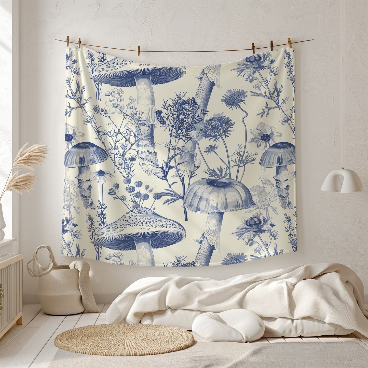 Toile De Jouy Blue Mushroom and Vintage Floral - Velveteen Plush Throw Blanket