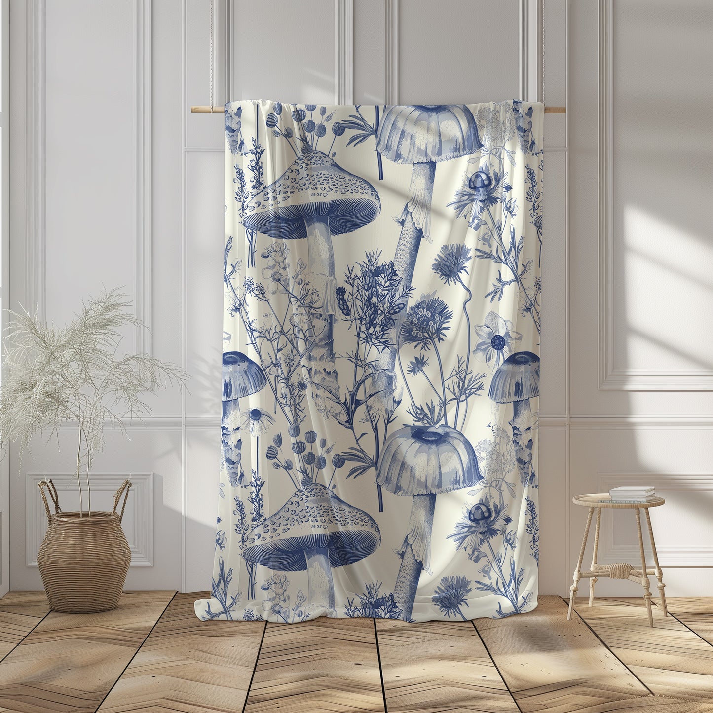 Toile De Jouy Blue Mushroom and Vintage Floral - Velveteen Plush Throw Blanket