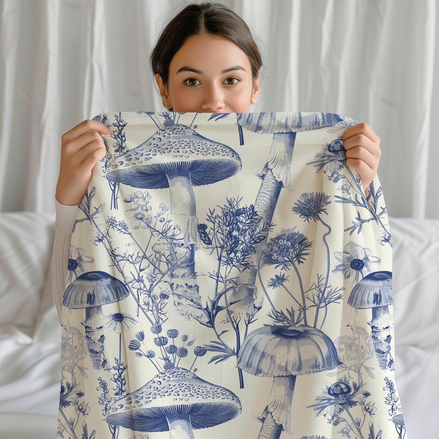 Toile De Jouy Blue Mushroom and Vintage Floral - Velveteen Plush Throw Blanket