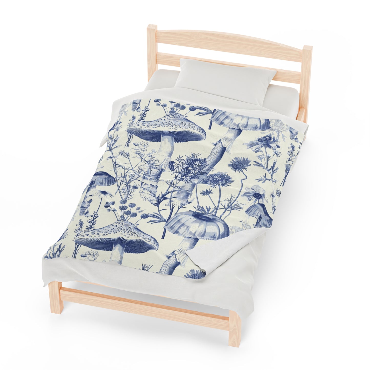 Toile De Jouy Blue Mushroom and Vintage Floral - Velveteen Plush Throw Blanket