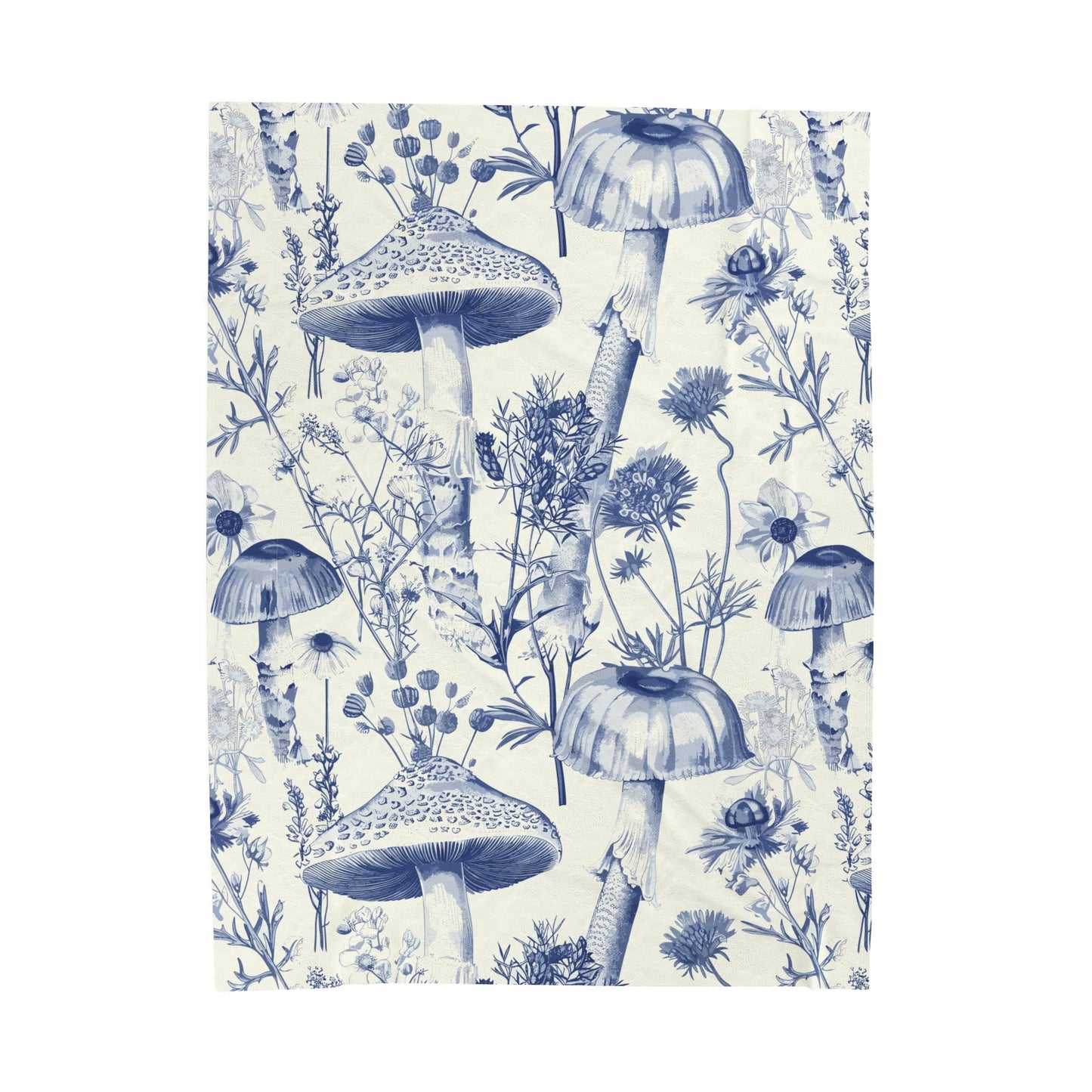 Toile De Jouy Blue Mushroom and Vintage Floral - Velveteen Plush Throw Blanket