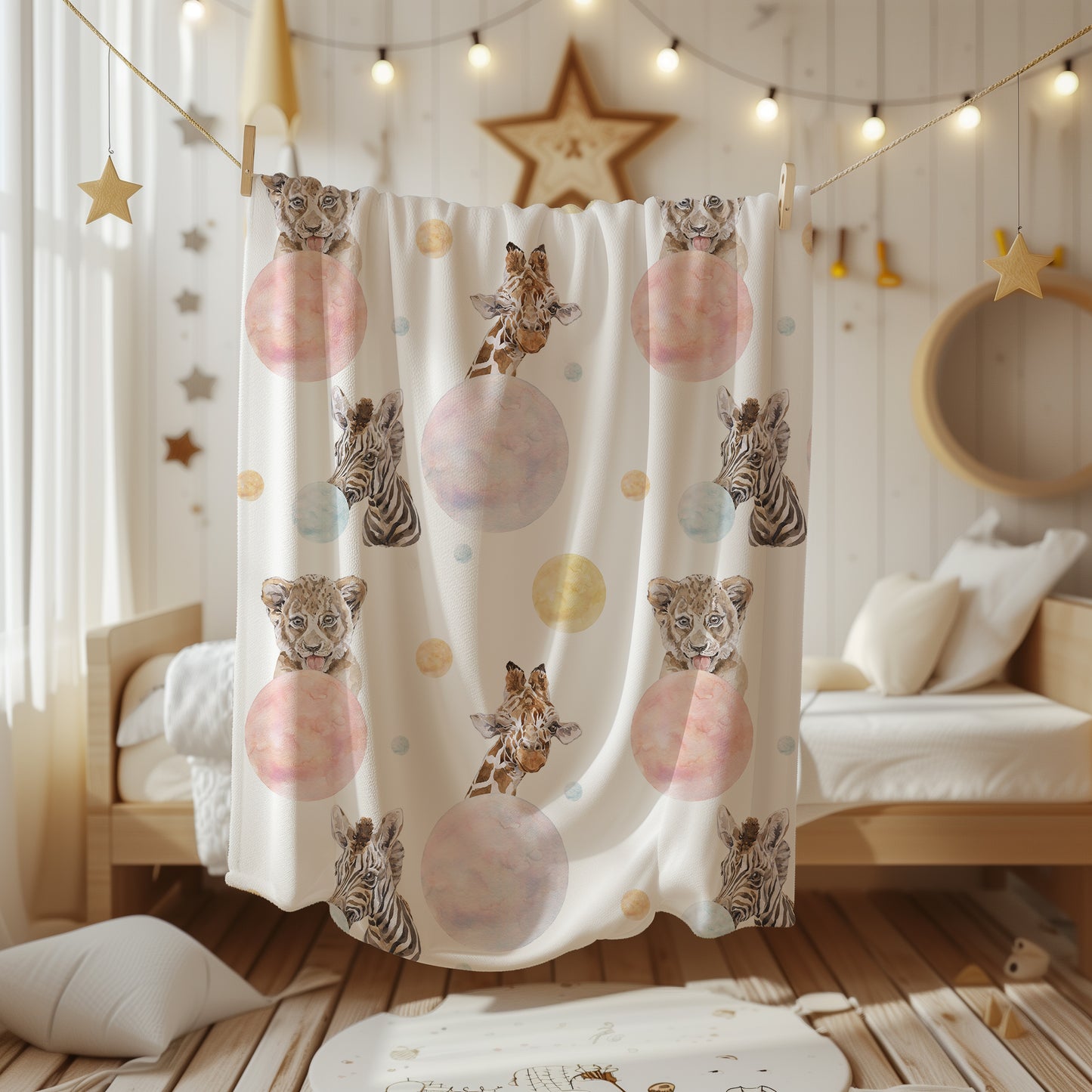Baby Jungle Safari Animals with Bubbles - Velveteen Plush Throw Blanket