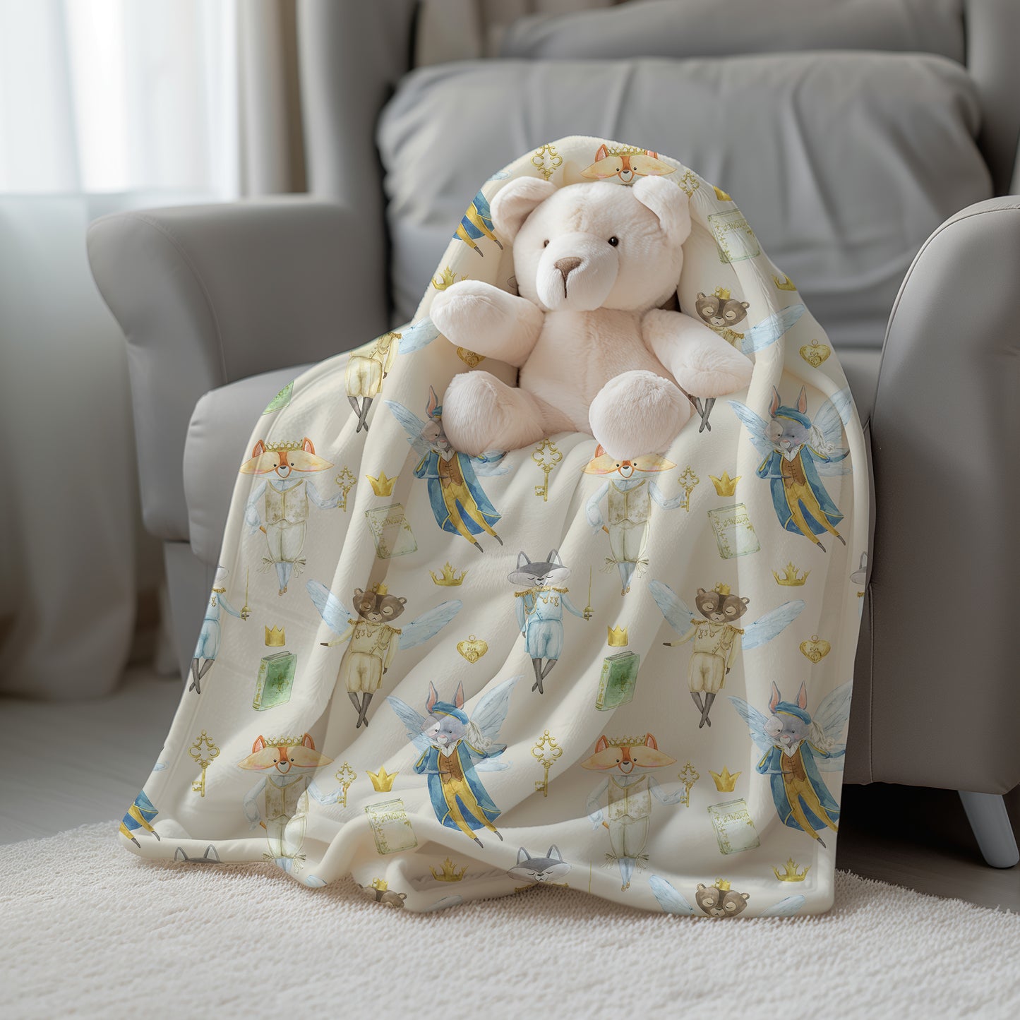 Woodland Animal Fairies Neutral - Plush Velveteen Throw Blanket