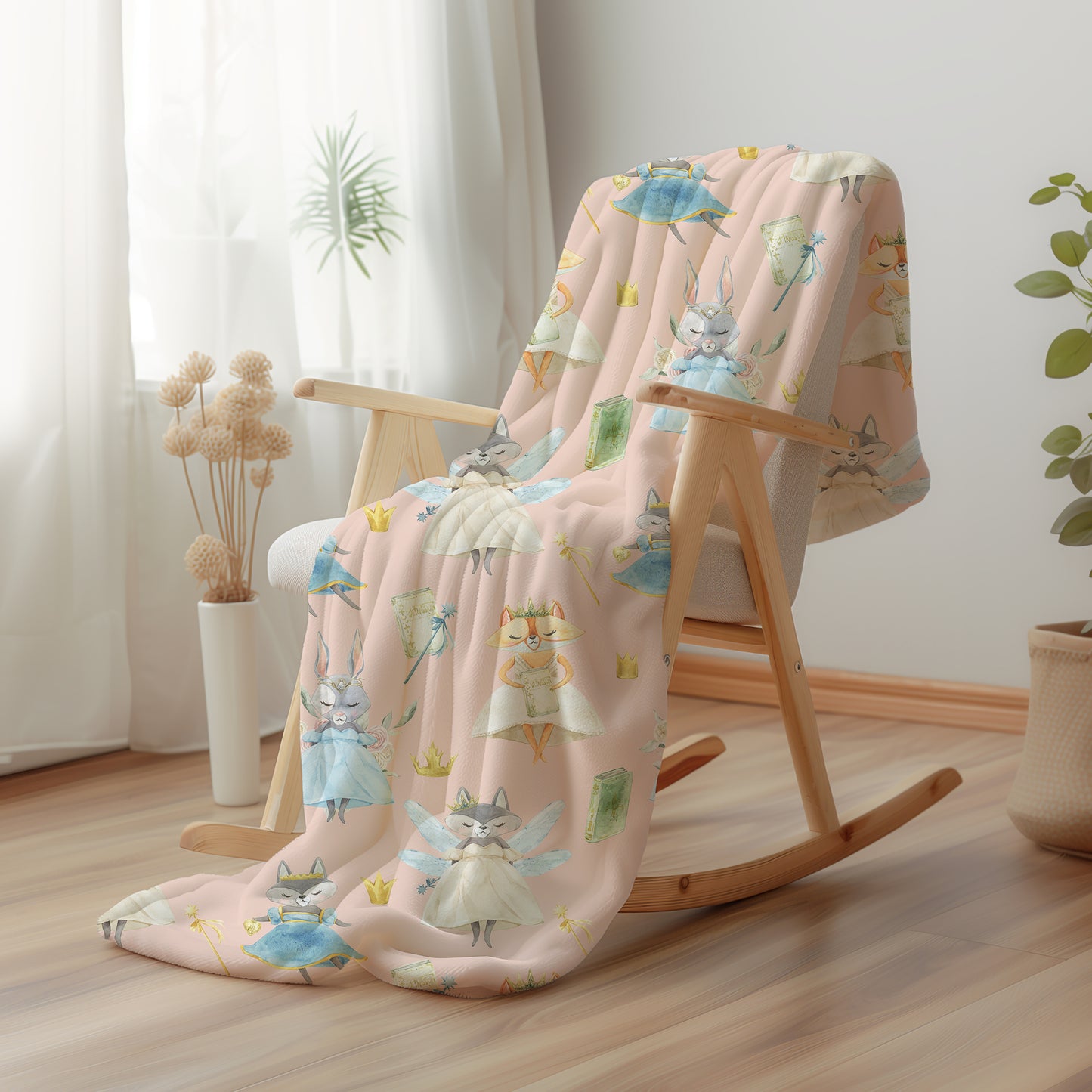 Woodland Animal Fairies Pink - Plush Velveteen Throw Blanket