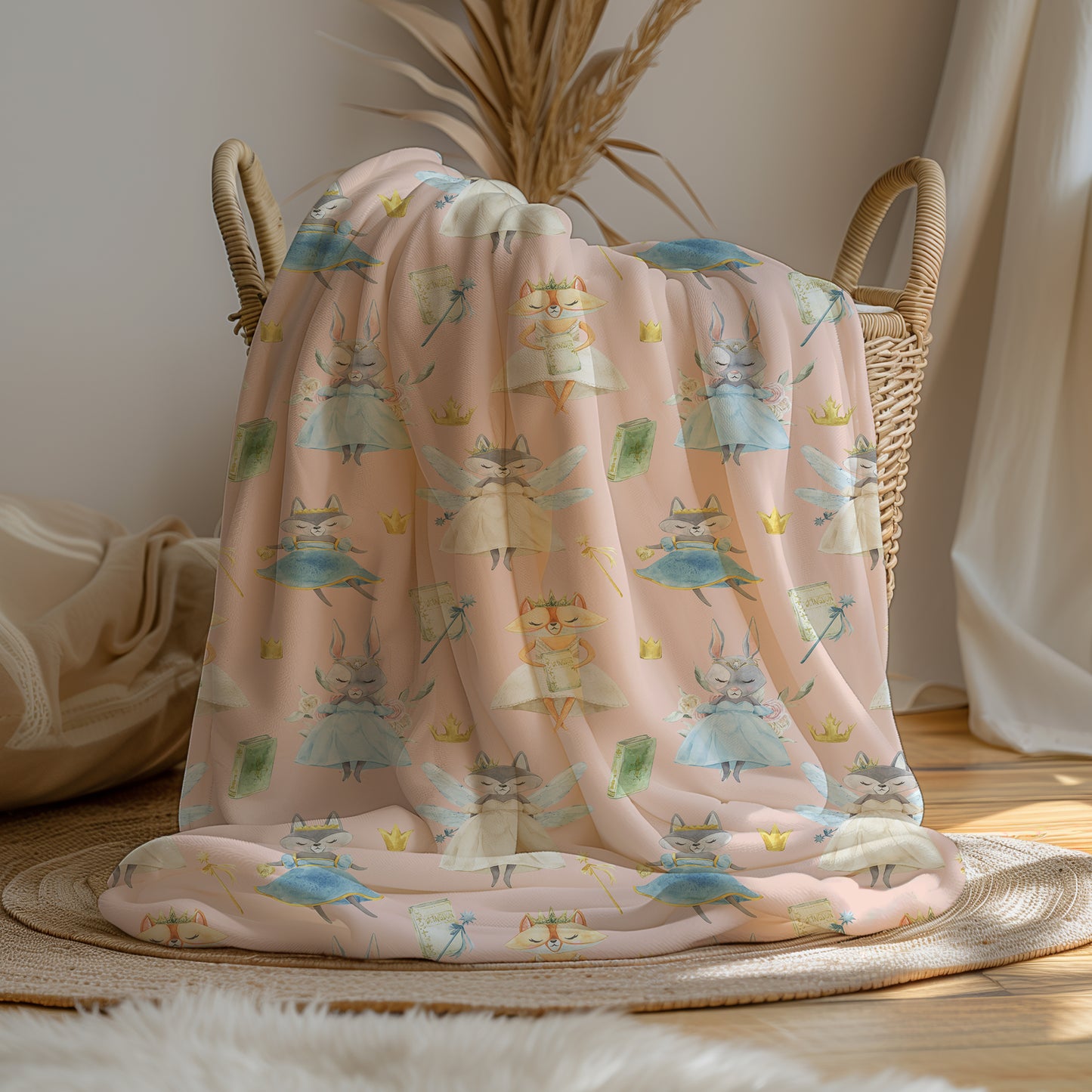 Woodland Animal Fairies Pink - Plush Velveteen Throw Blanket