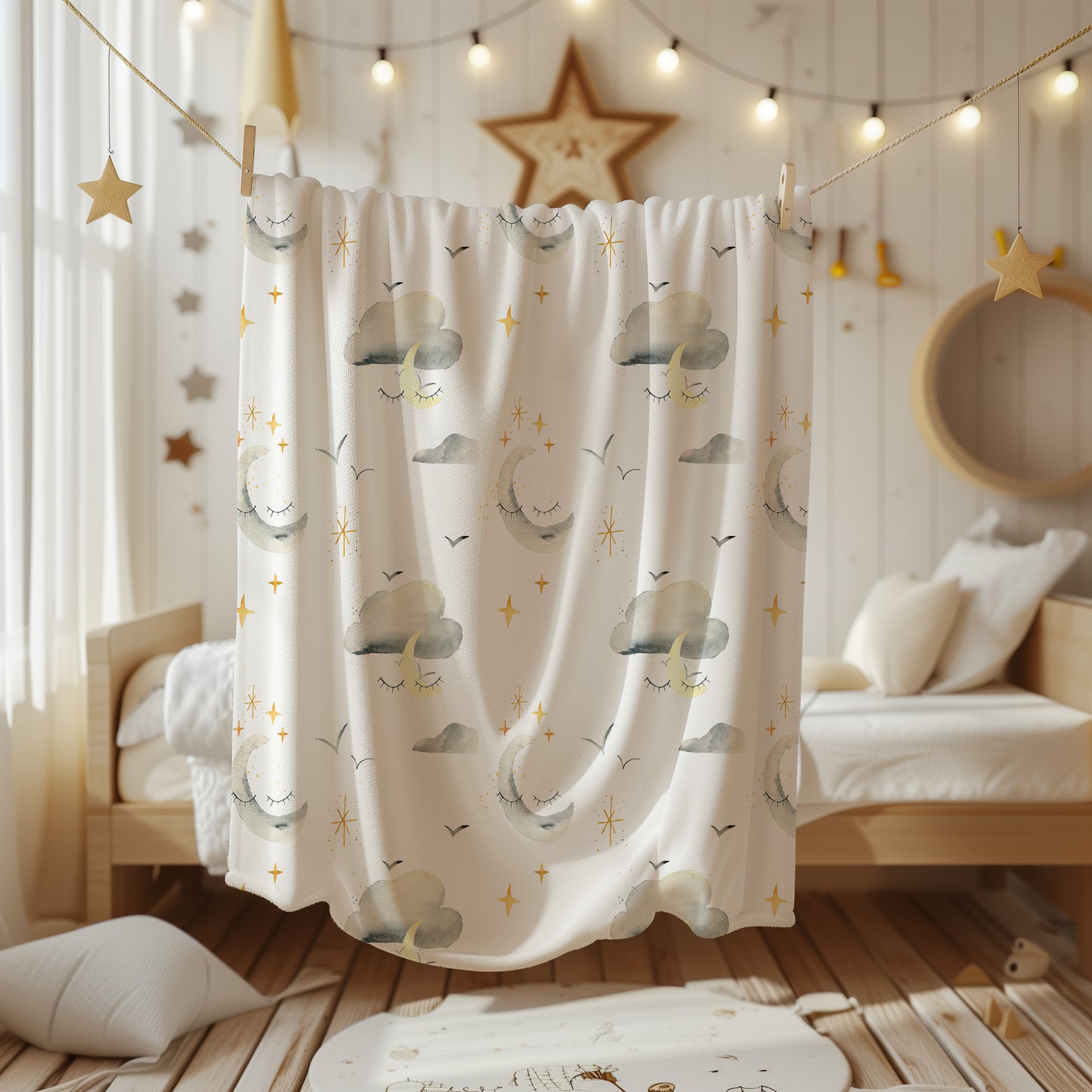 Night Sky Cloud and Moons Sleeping - Velveteen Plush Throw Blanket