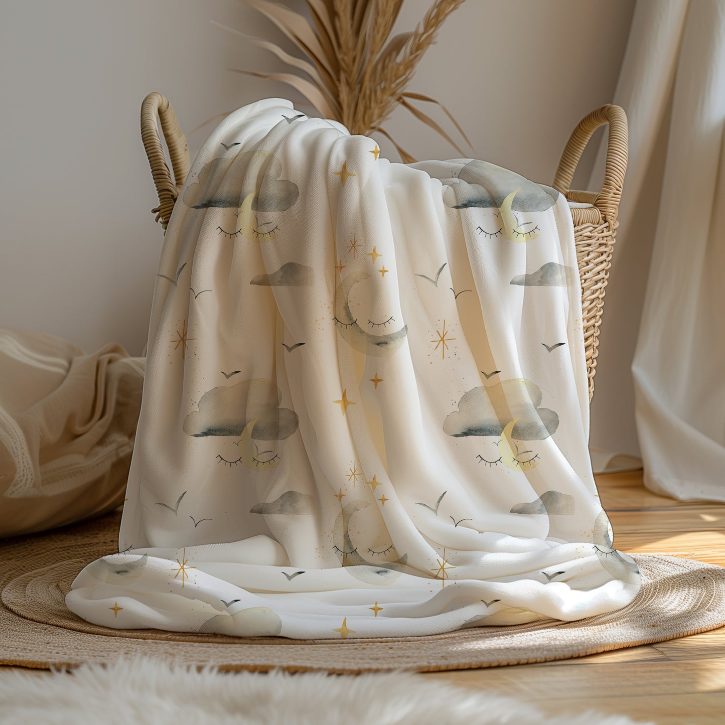 Night Sky Cloud and Moons Sleeping - Velveteen Plush Throw Blanket