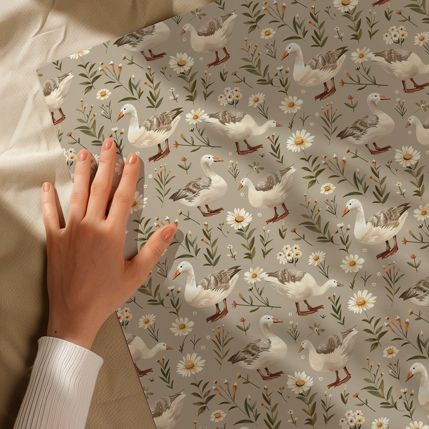 Spring Floral Duck Neutral Gift Wrapping Paper