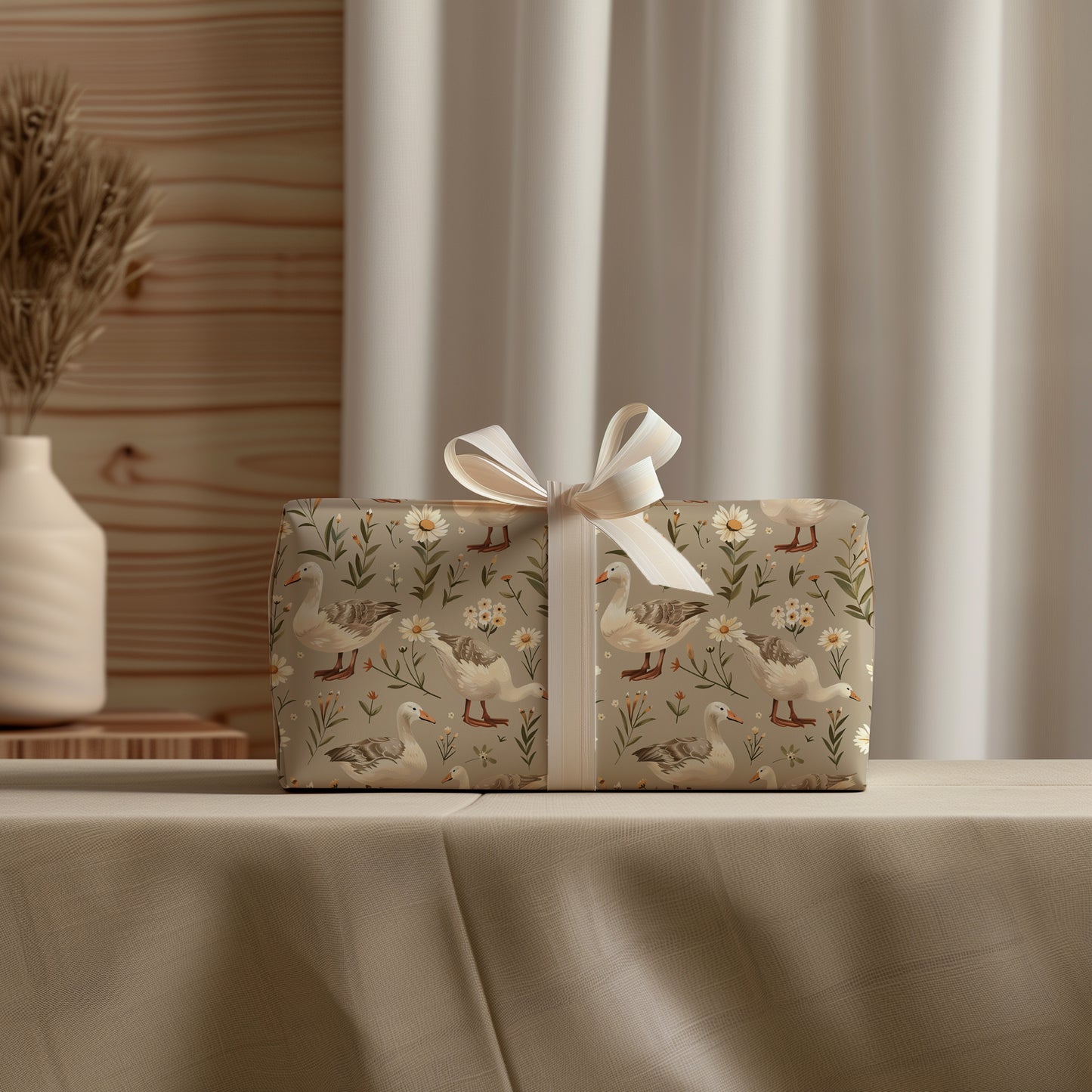 Spring Floral Duck Neutral Gift Wrapping Paper