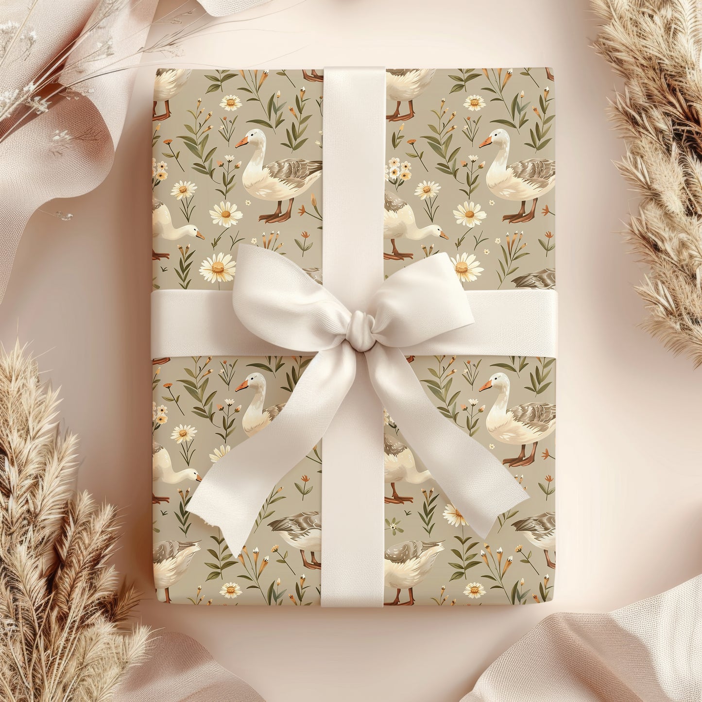 Spring Floral Duck Neutral Gift Wrapping Paper