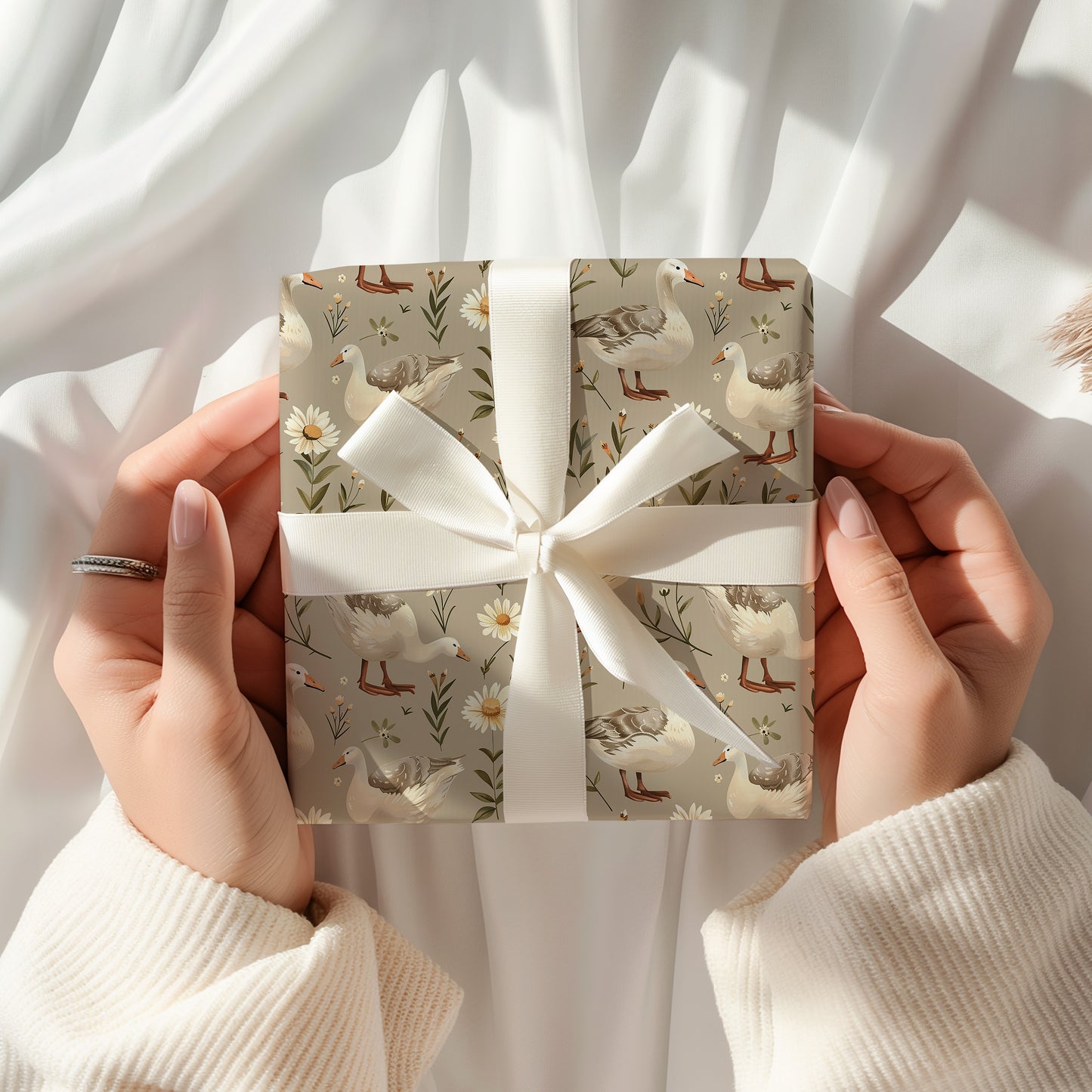 Spring Floral Duck Neutral Gift Wrapping Paper