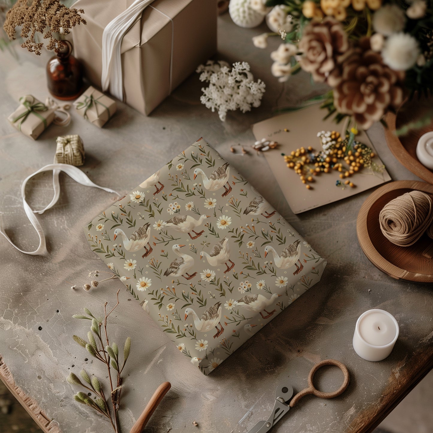 Spring Floral Duck Neutral Gift Wrapping Paper