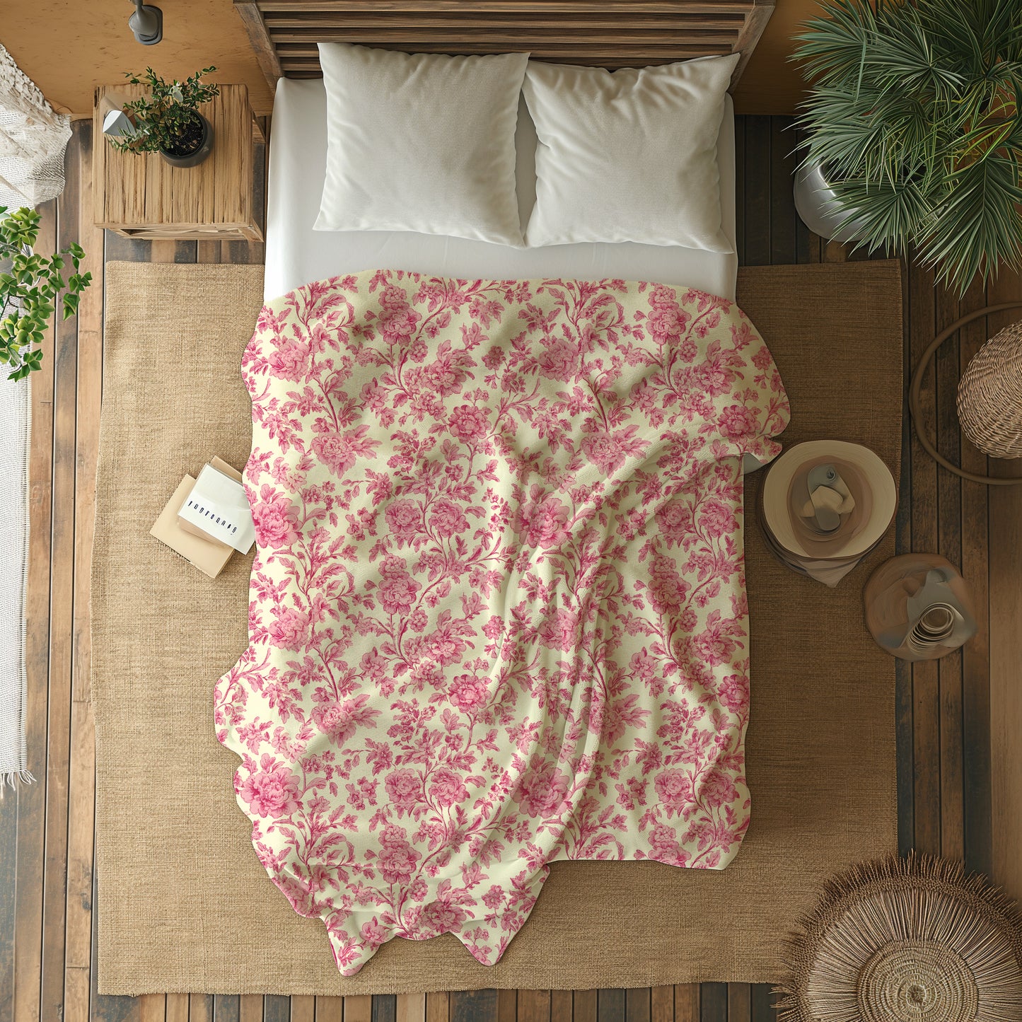 Toile De Jouy Pink Floral Vintage - Velveteen Plush Throw Blanket