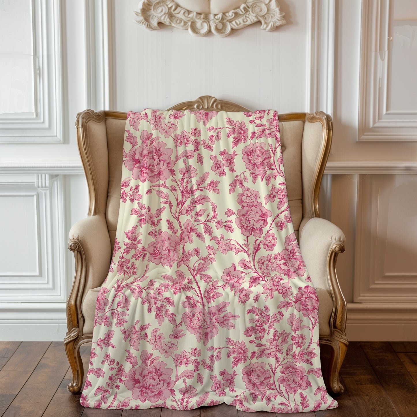 Toile De Jouy Pink Floral Vintage - Velveteen Plush Throw Blanket