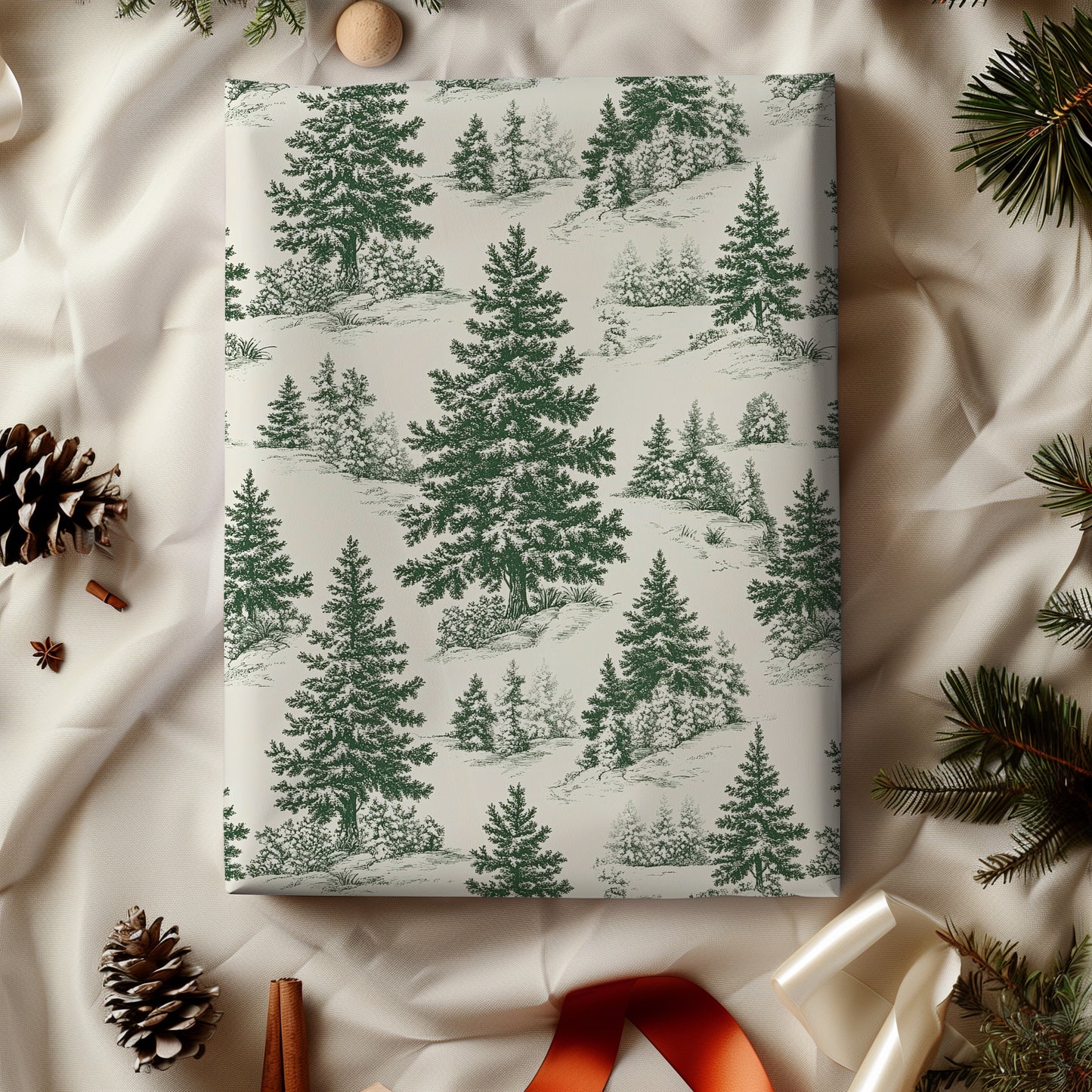 Toile De Jouy Vintage Green Christmas Tree Gift Wrapping Paper