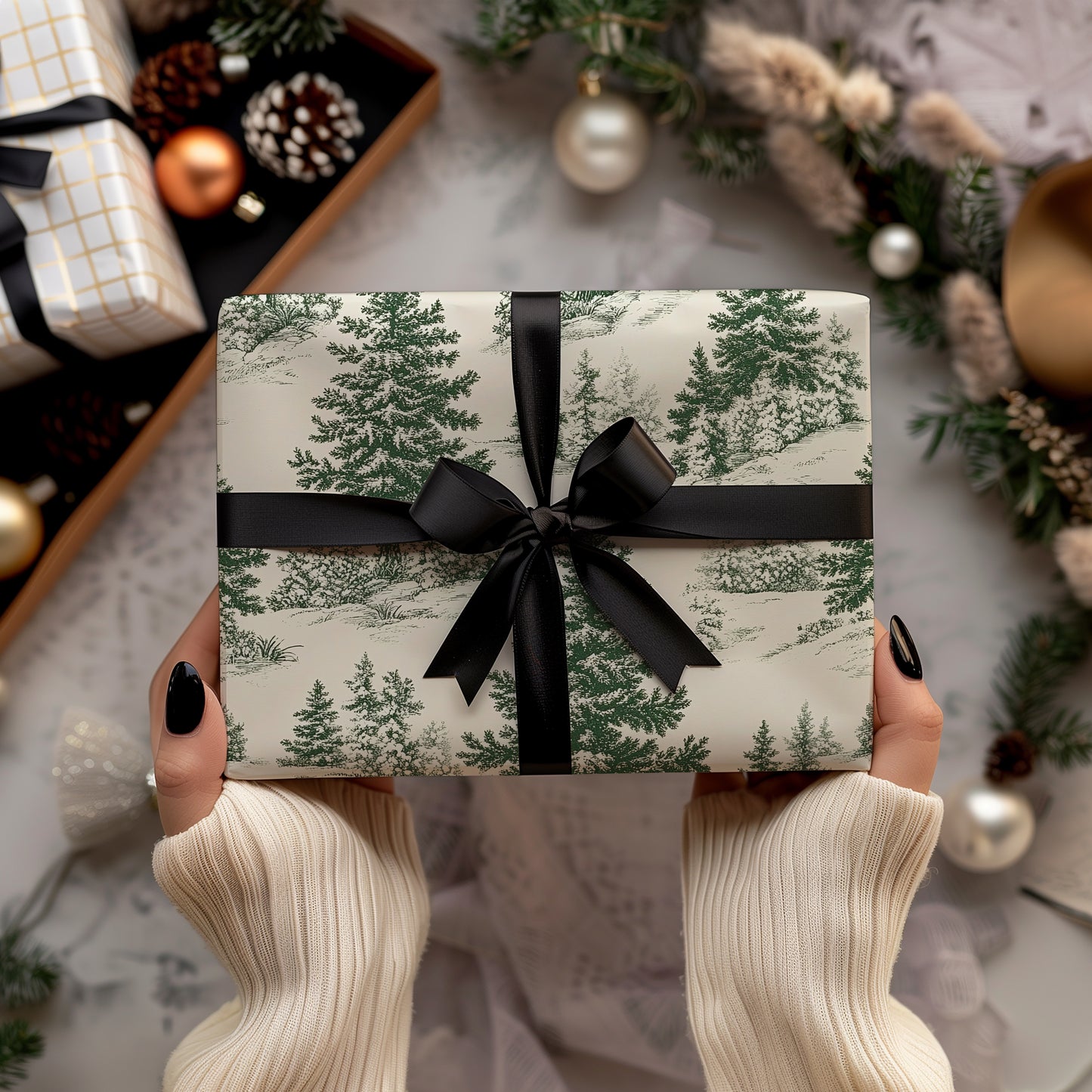 Toile De Jouy Vintage Green Christmas Tree Gift Wrapping Paper