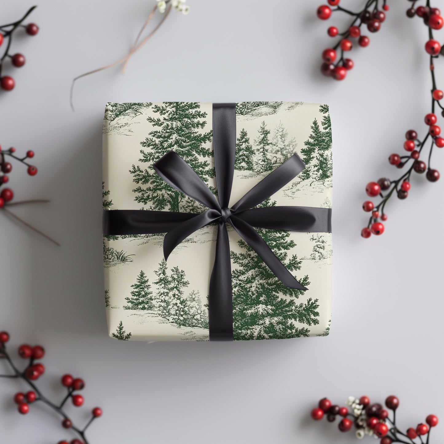 Toile De Jouy Vintage Green Christmas Tree Gift Wrapping Paper