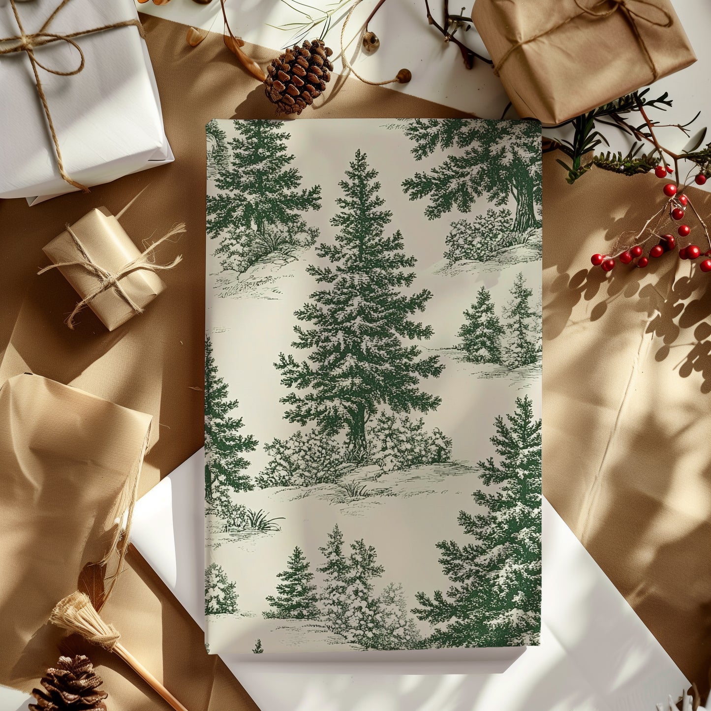 Toile De Jouy Vintage Green Christmas Tree Gift Wrapping Paper