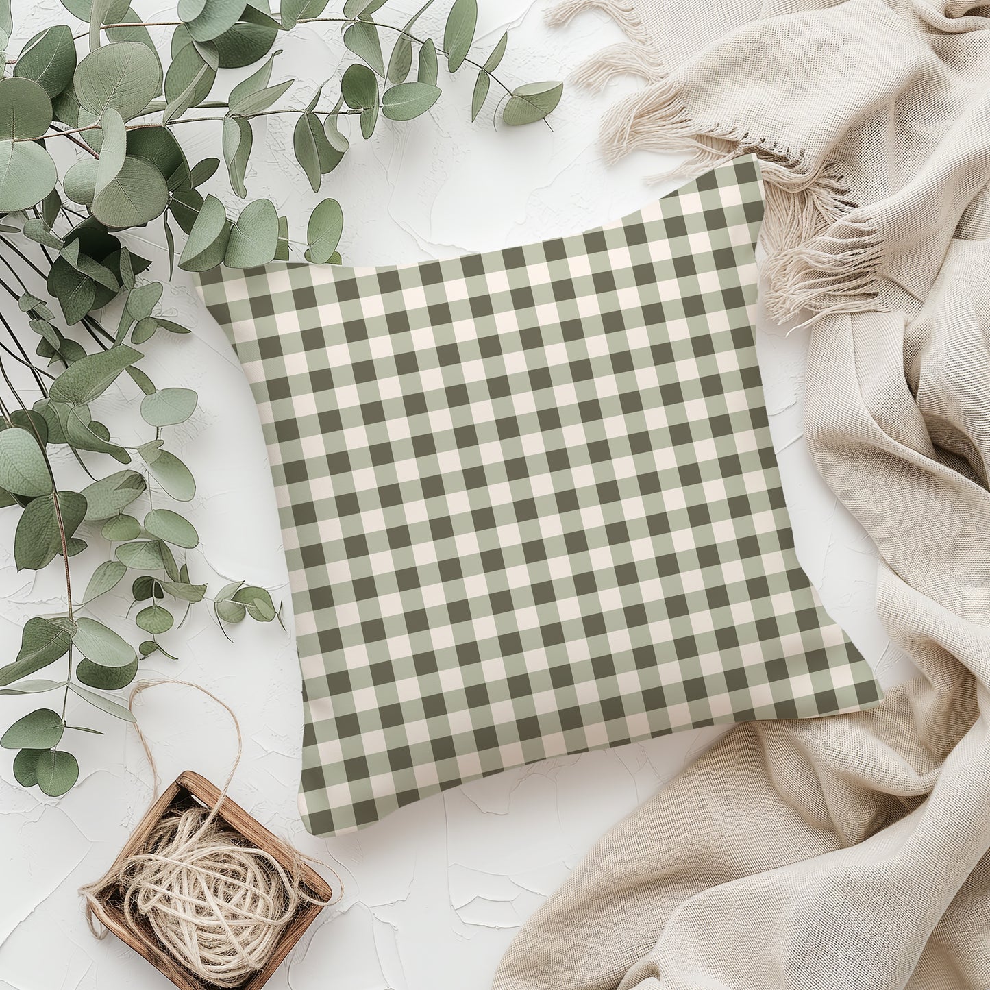 Farmhouse Green Plaid Square Throw Pillow