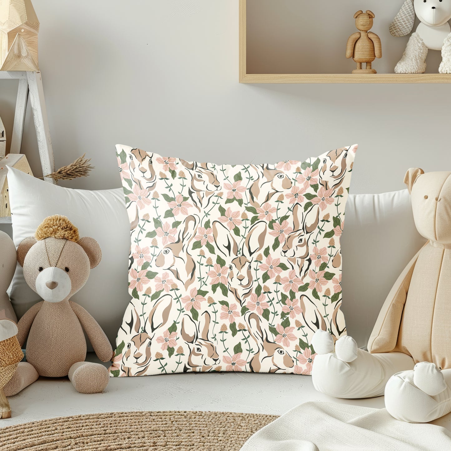 Spring Abstract Floral Bunny Square Throw Pillow
