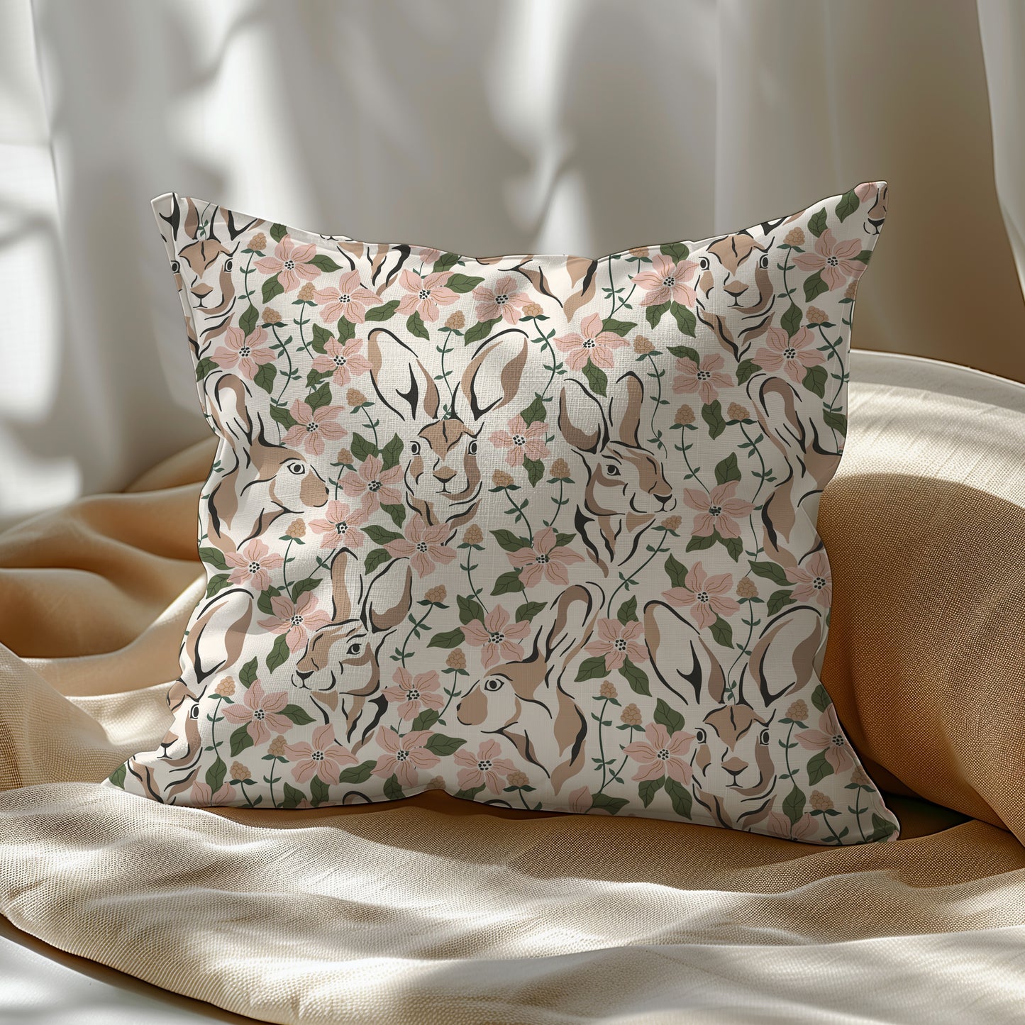 Spring Abstract Floral Bunny Square Throw Pillow