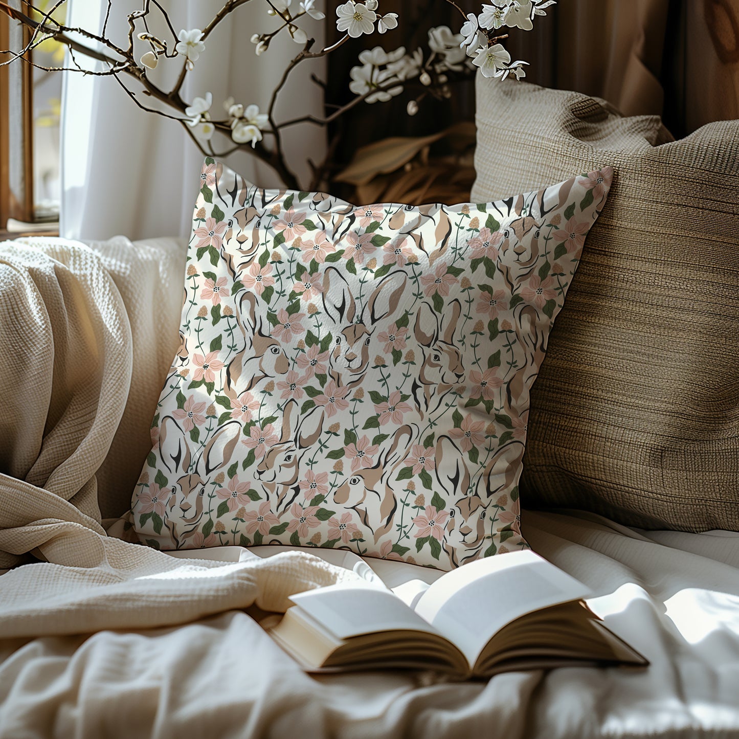 Spring Abstract Floral Bunny Square Throw Pillow