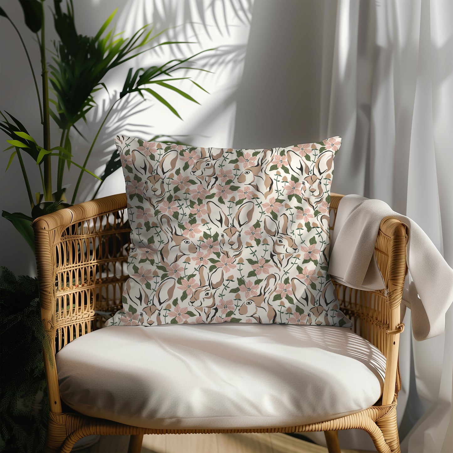 Spring Abstract Floral Bunny Square Throw Pillow