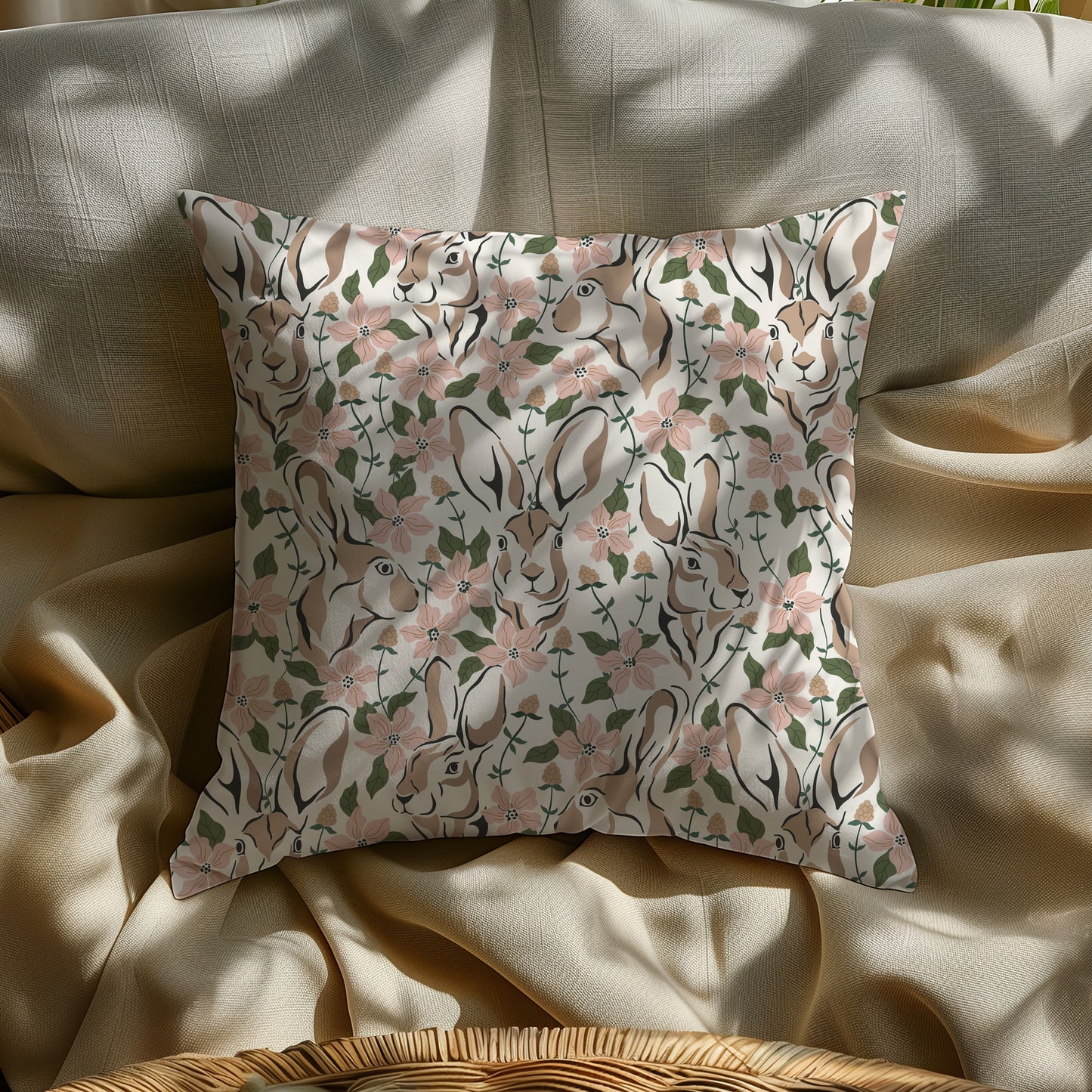 Spring Abstract Floral Bunny Square Throw Pillow
