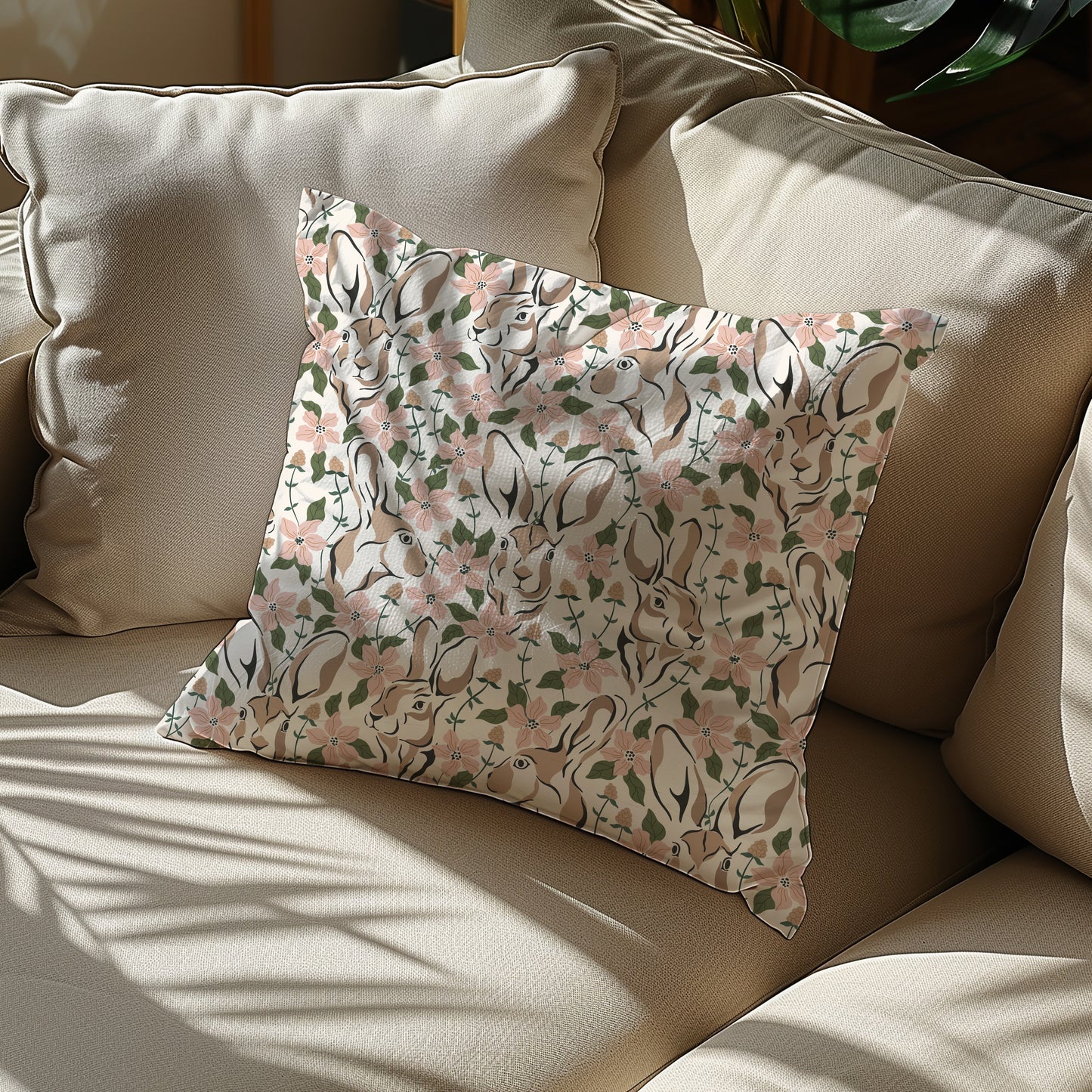 Spring Abstract Floral Bunny Square Throw Pillow