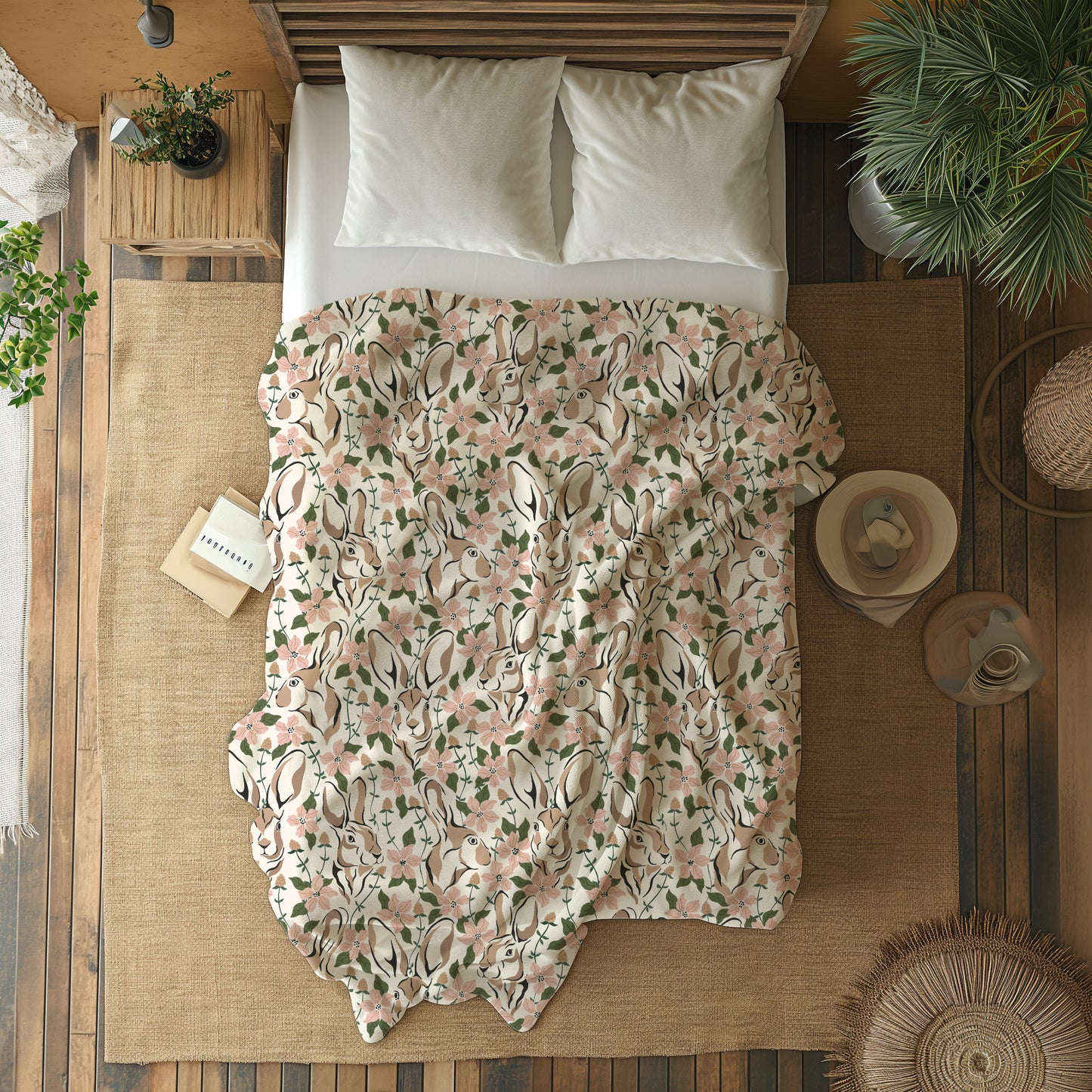 Spring Abstract Floral Bunny Velveteen Plush Throw Blanket