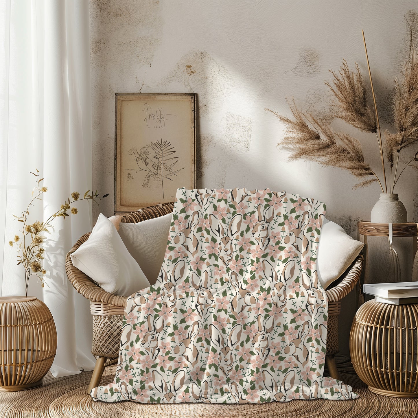 Spring Abstract Floral Bunny Velveteen Plush Throw Blanket