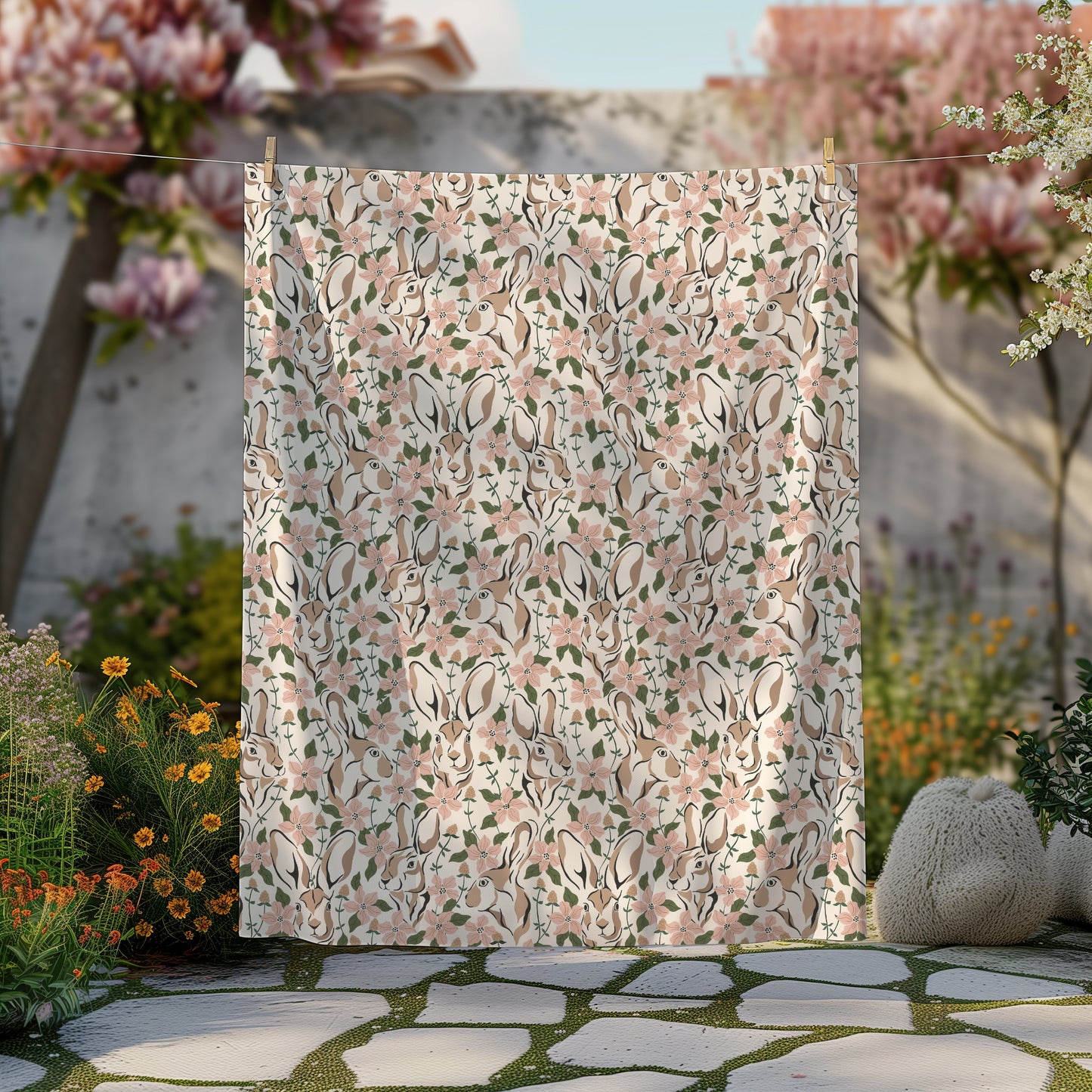 Spring Abstract Floral Bunny Velveteen Plush Throw Blanket
