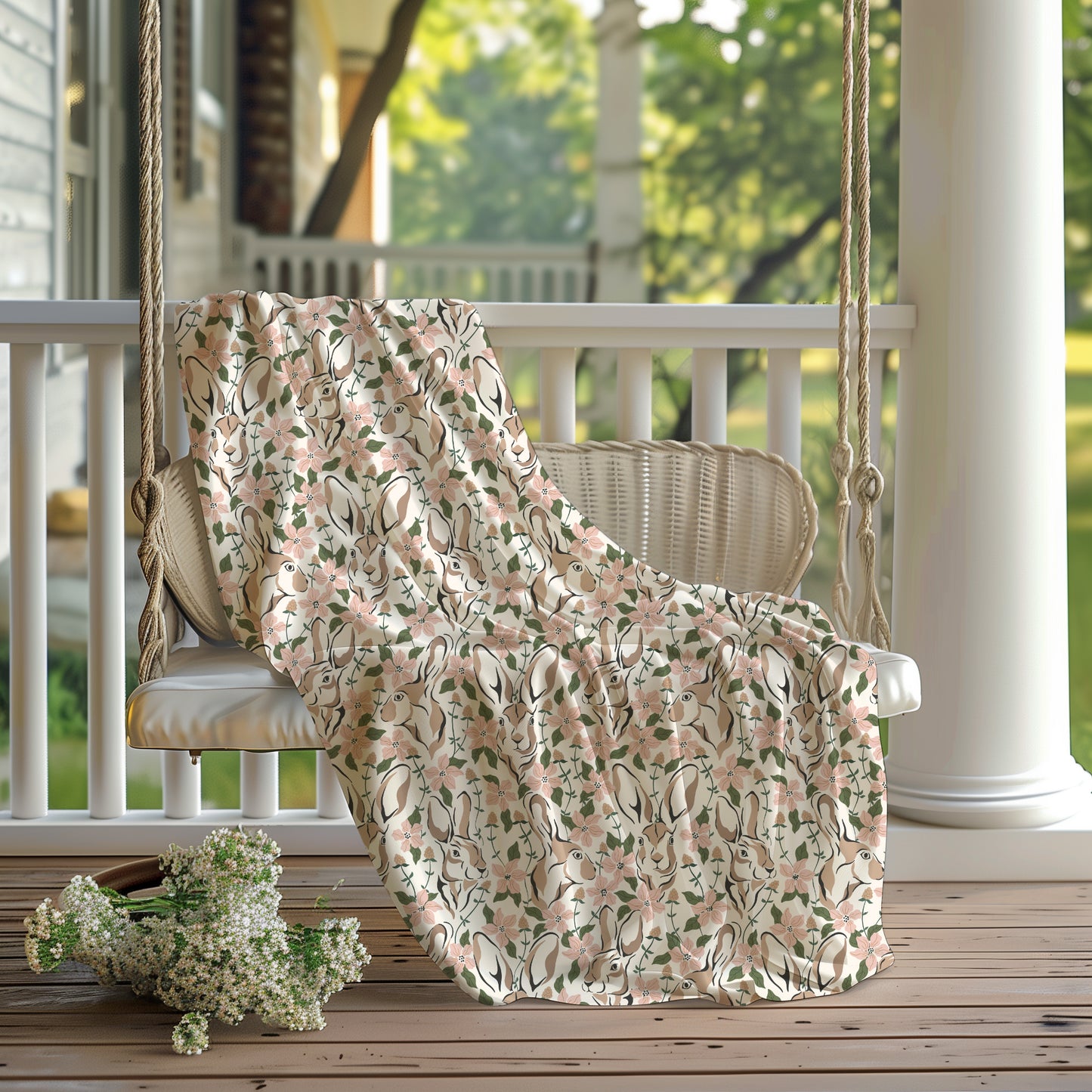Spring Abstract Floral Bunny Velveteen Plush Throw Blanket