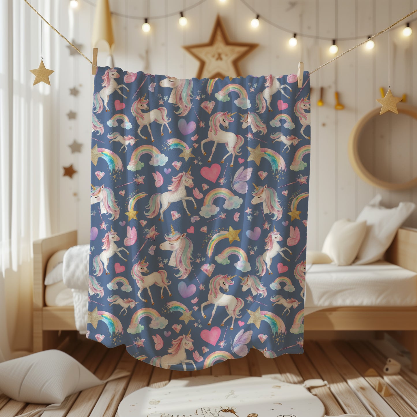 Magical Unicorn and Rainbow Velveteen Plush Throw Blanket