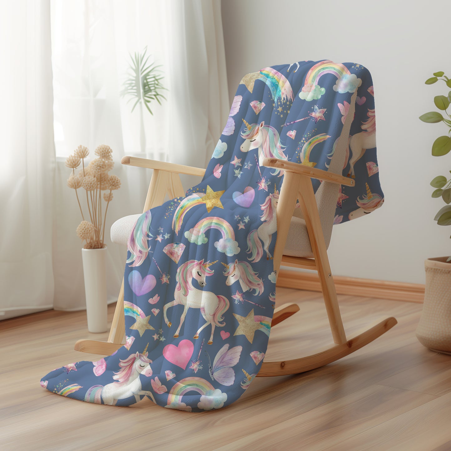 Magical Unicorn and Rainbow Velveteen Plush Throw Blanket
