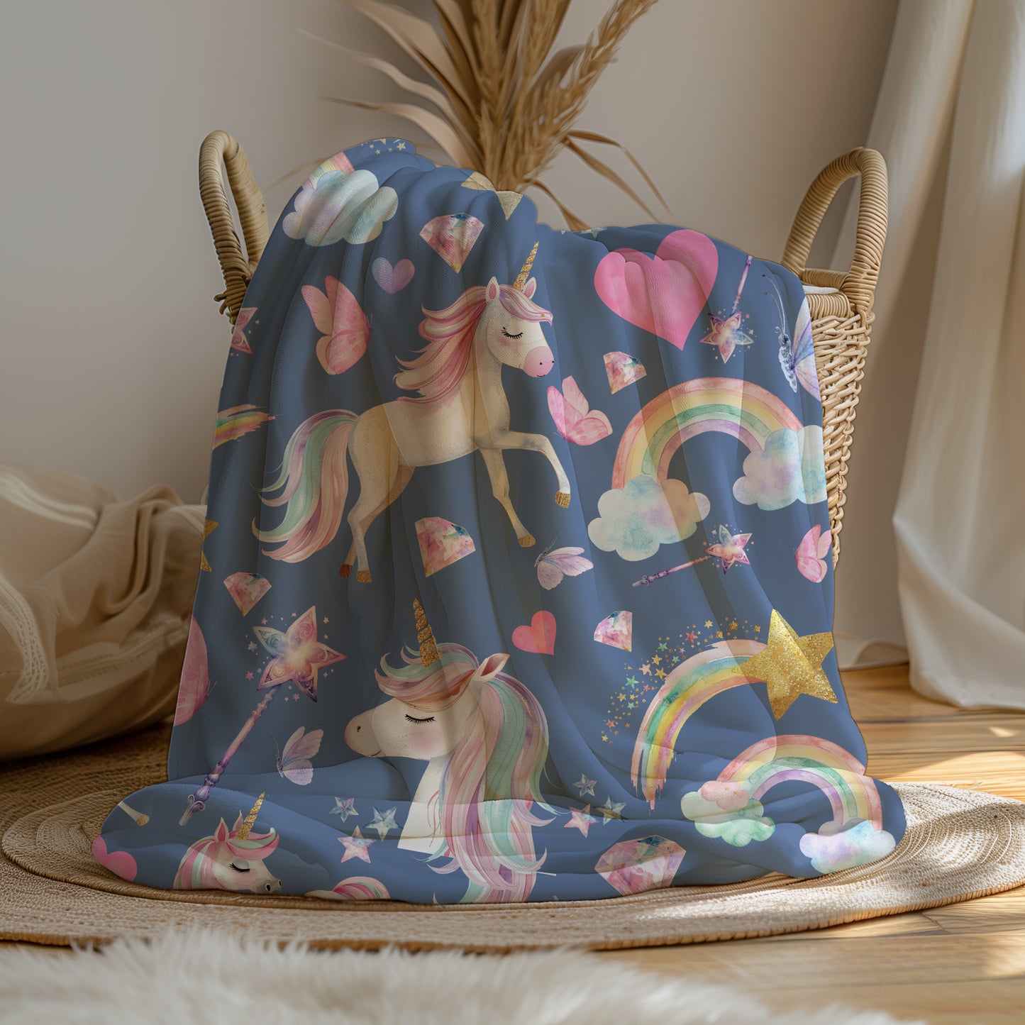 Magical Unicorn and Rainbow Velveteen Plush Throw Blanket