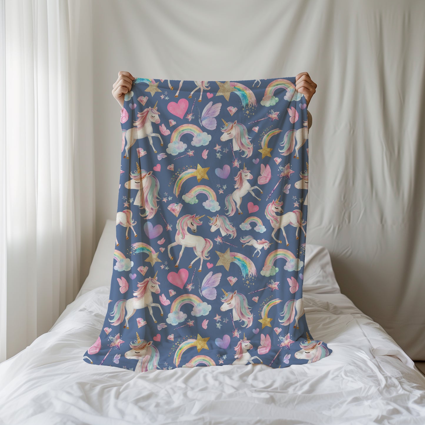 Magical Unicorn and Rainbow Velveteen Plush Throw Blanket