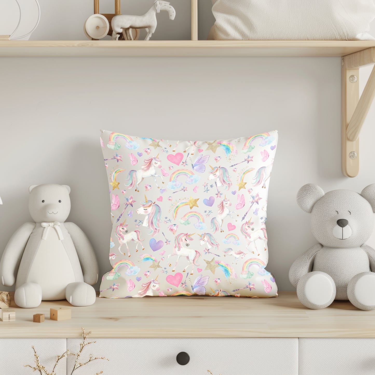 Magical Unicorn and Rainbow Square Throw Pillow