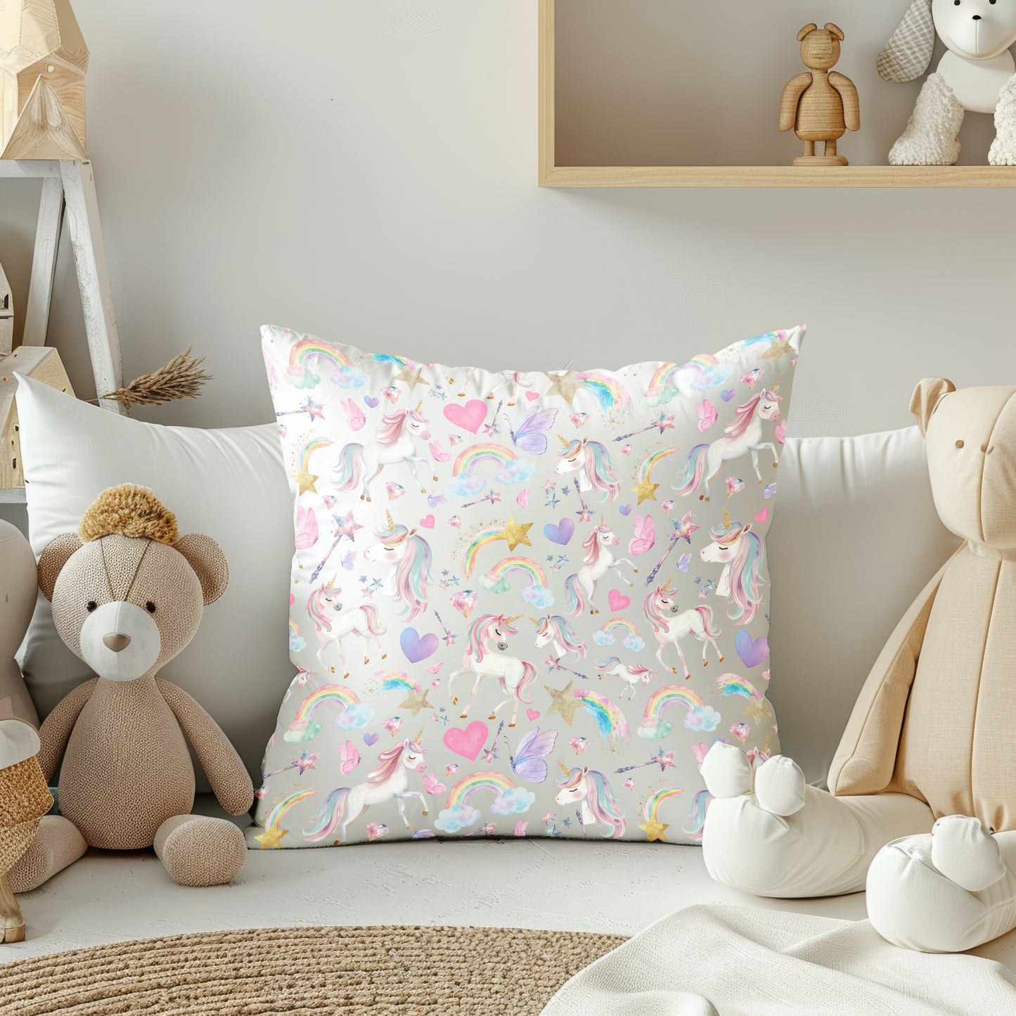 Magical Unicorn and Rainbow Square Throw Pillow