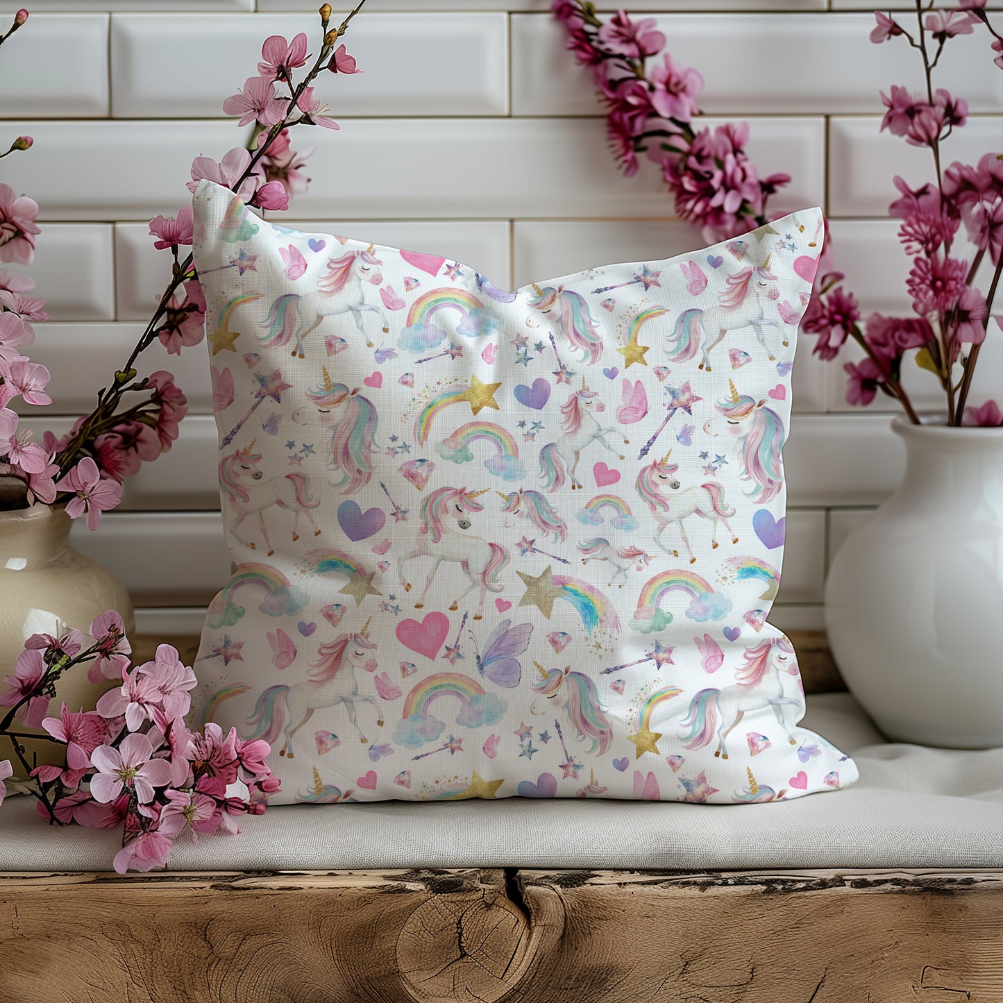 Magical Unicorn and Rainbow Square Throw Pillow